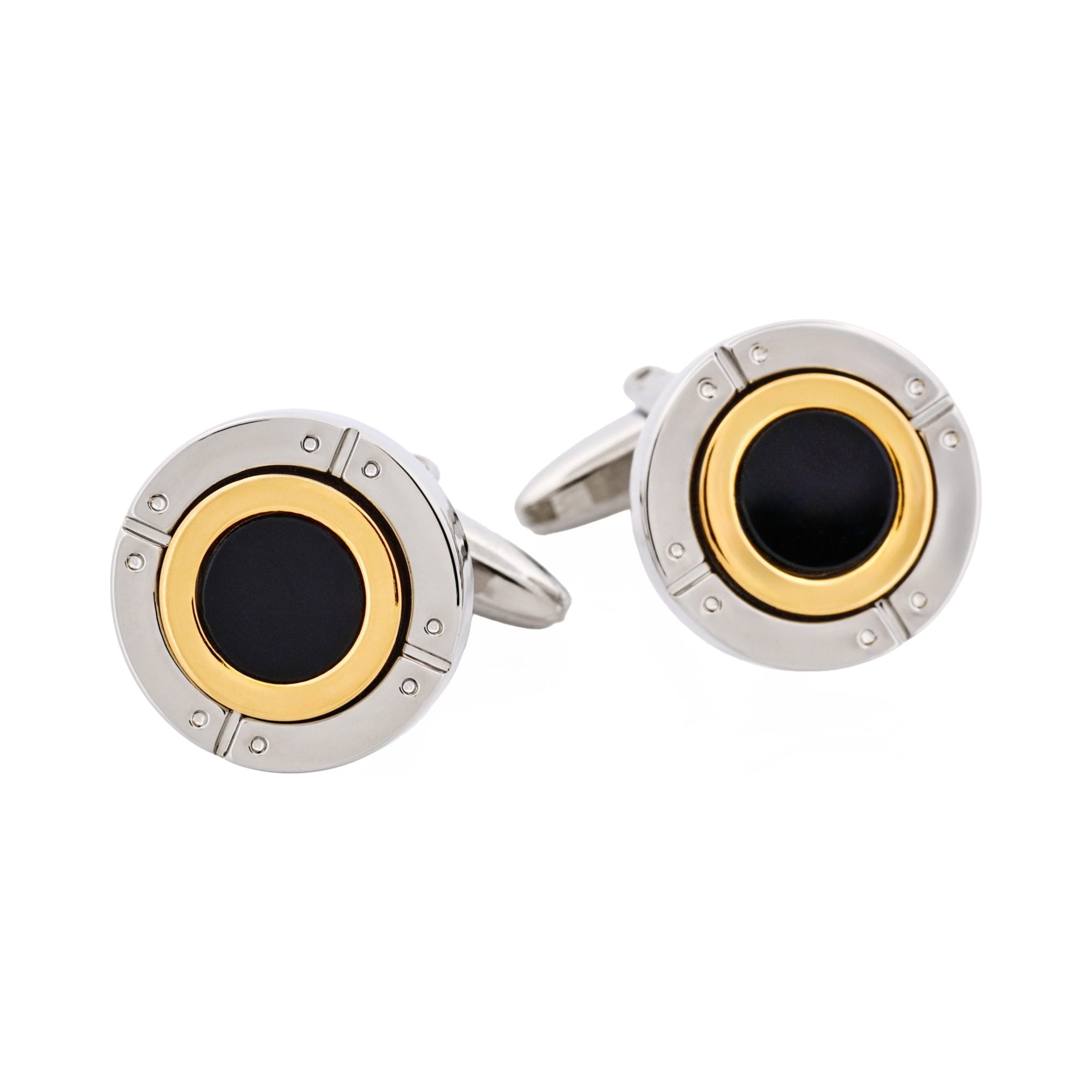 Rhodium & Gold Plated Black Enamel Round Cufflinks