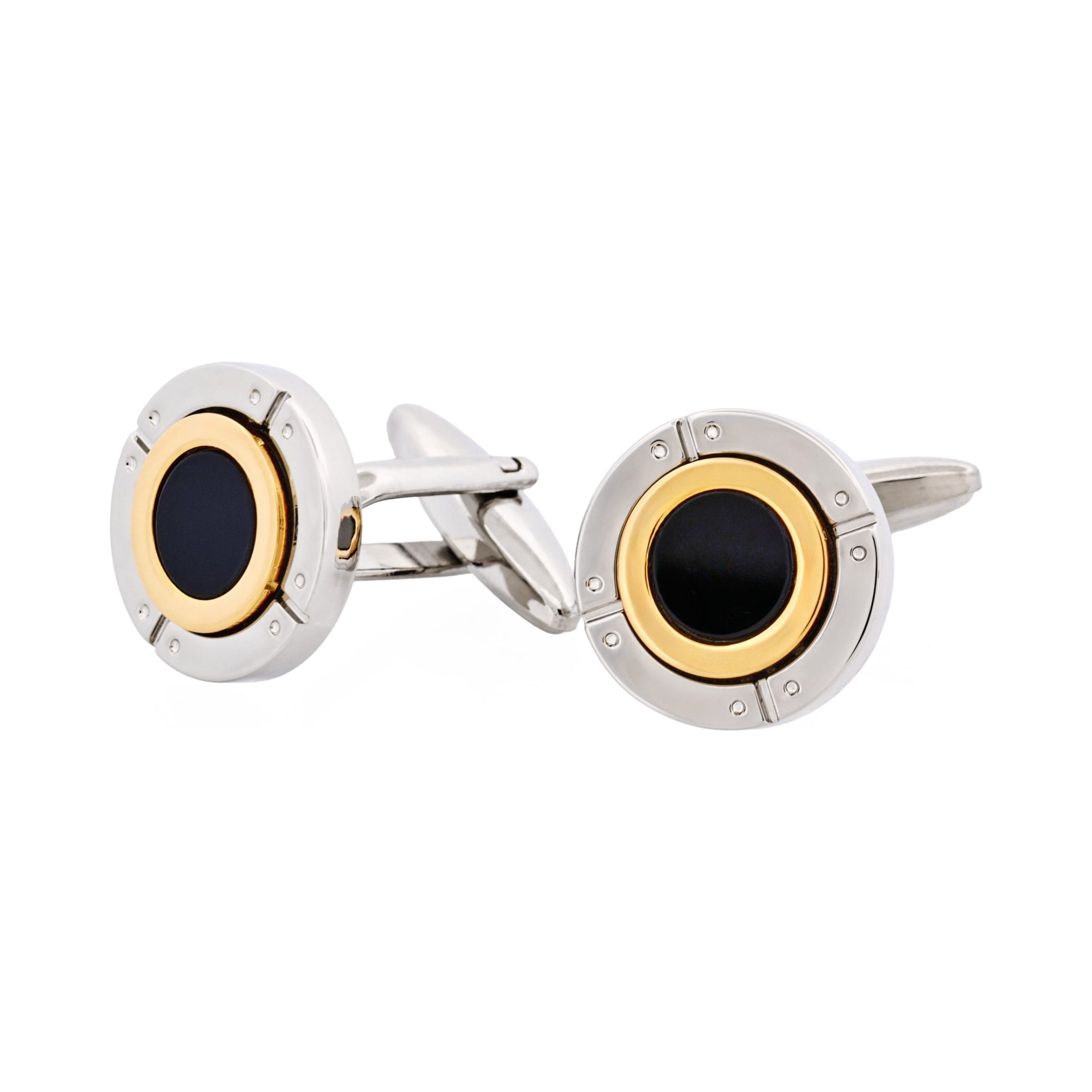 Rhodium & Gold Plated Black Enamel Round Cufflinks