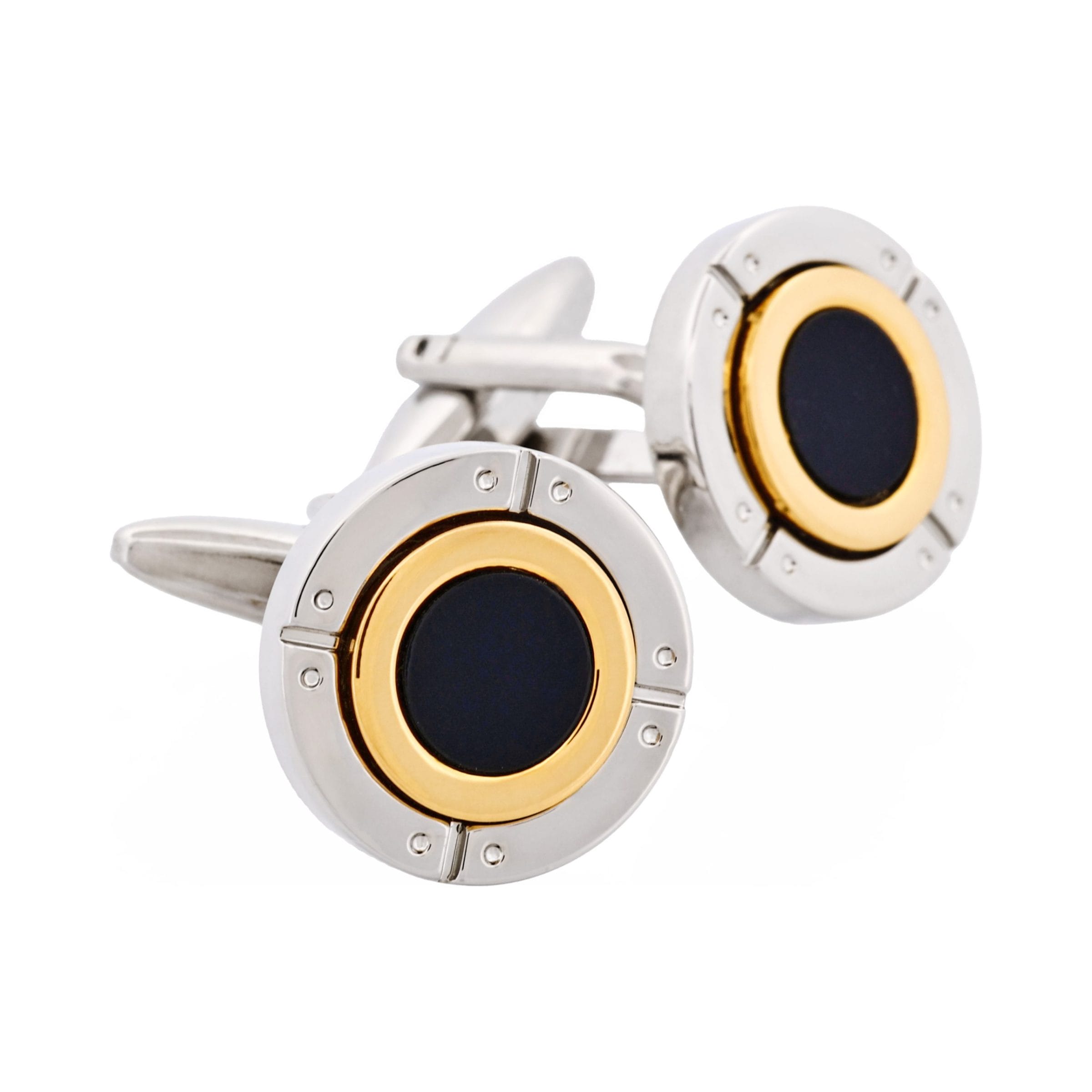 Rhodium & Gold Plated Black Enamel Round Cufflinks