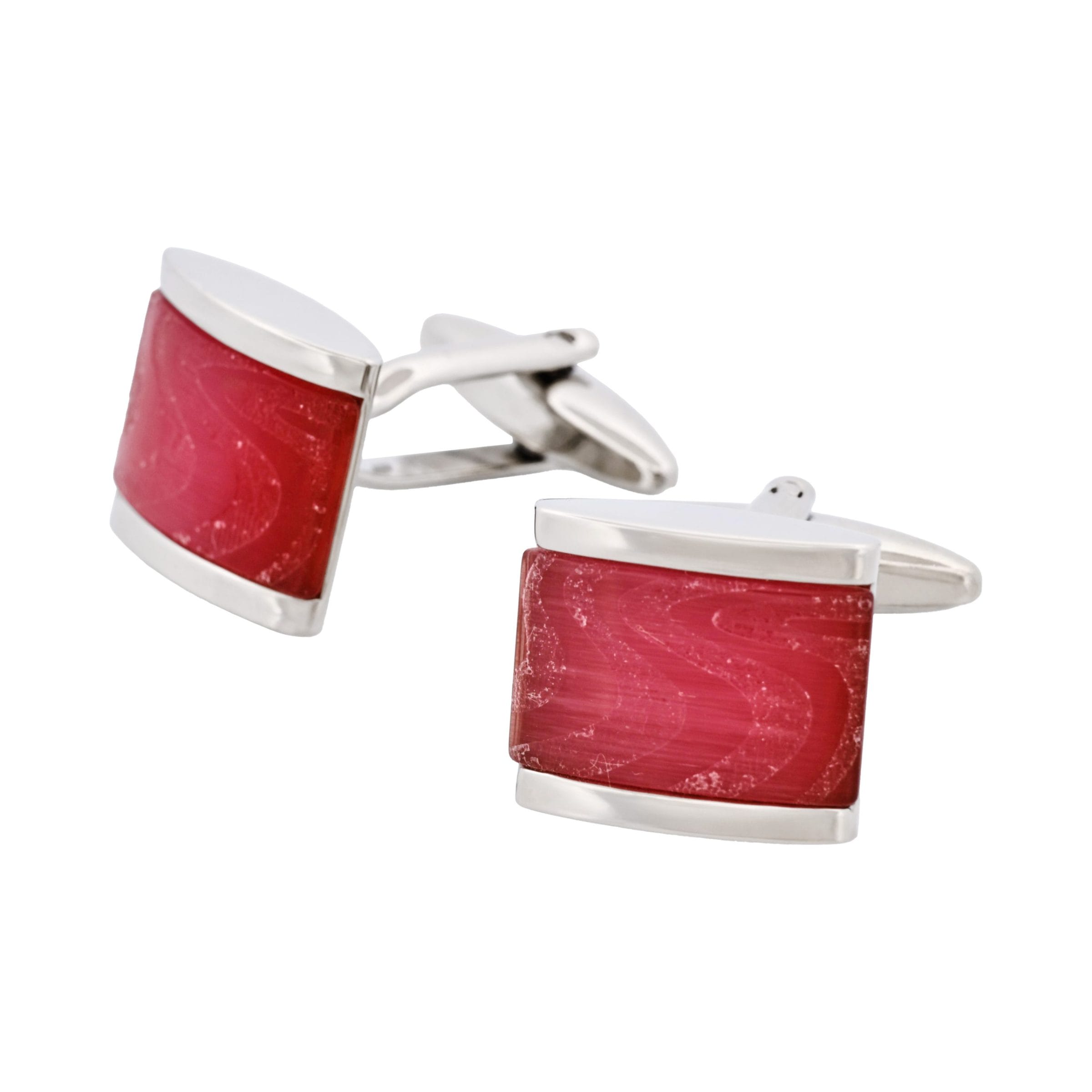 Rhodium Plated Pink Swirl Patterned Cat's Eye Cufflinks