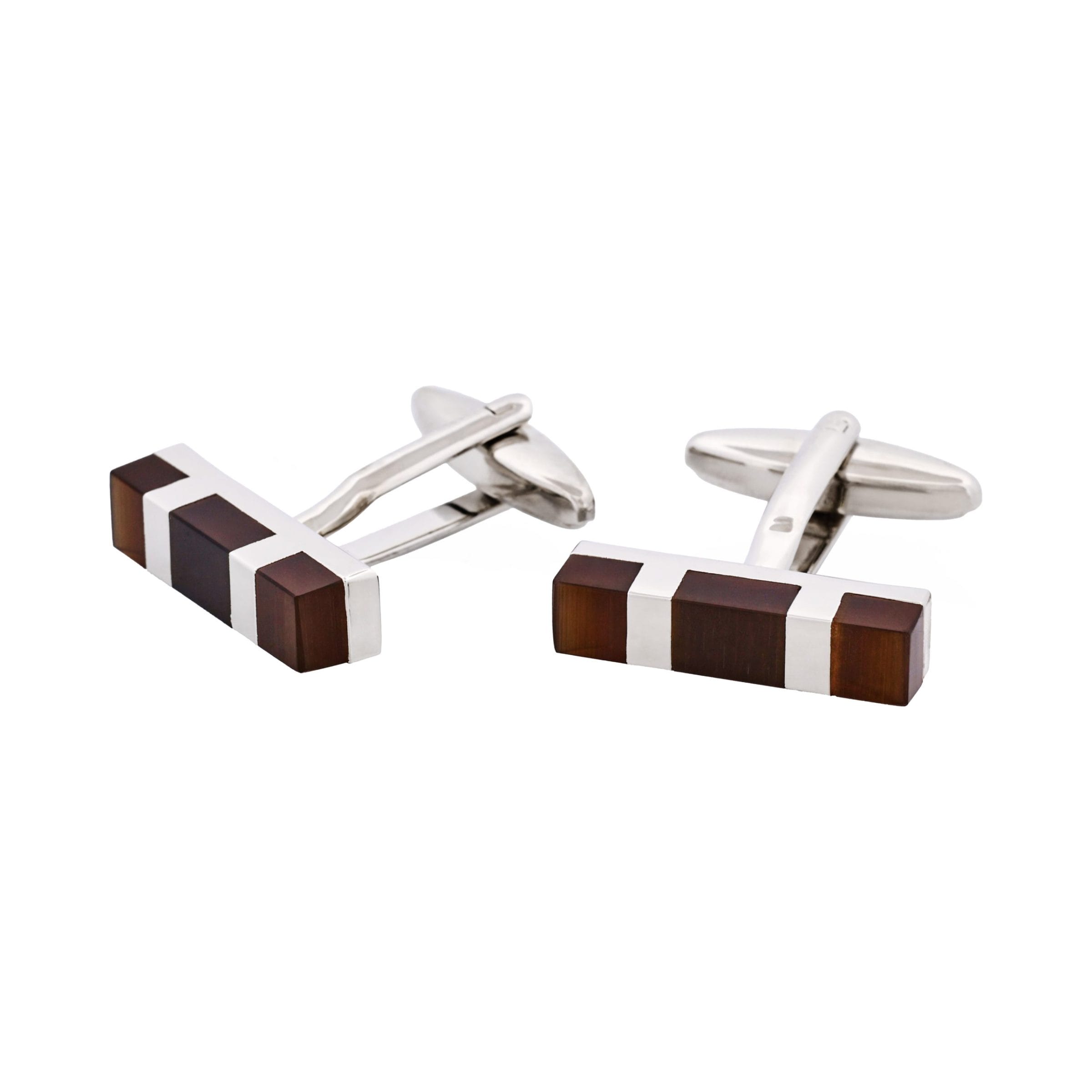 Rhodium Plated Brown Cat's Eye Rectangle Cufflinks