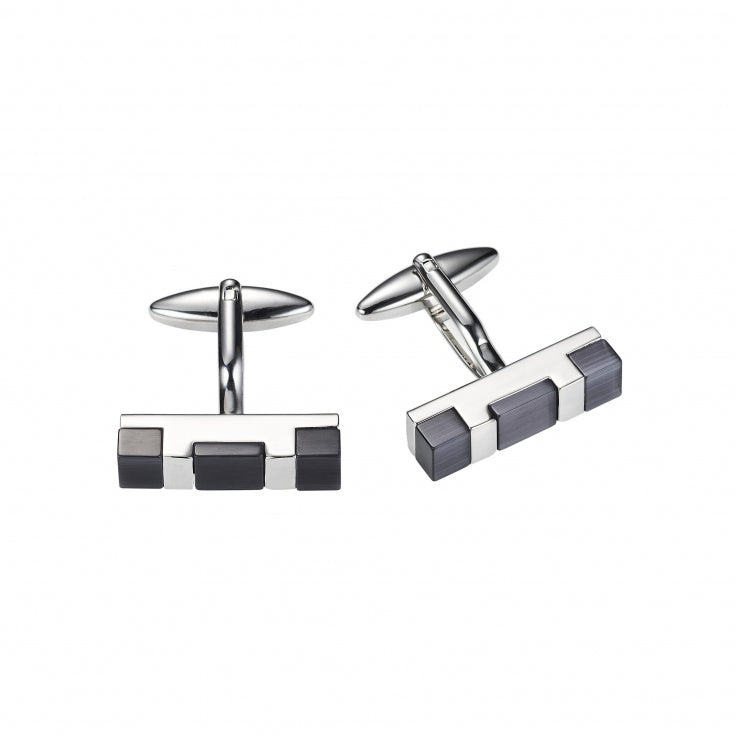 Polished Rhodium Plated Bar Cufflinks with Charcoal Cat's Eye