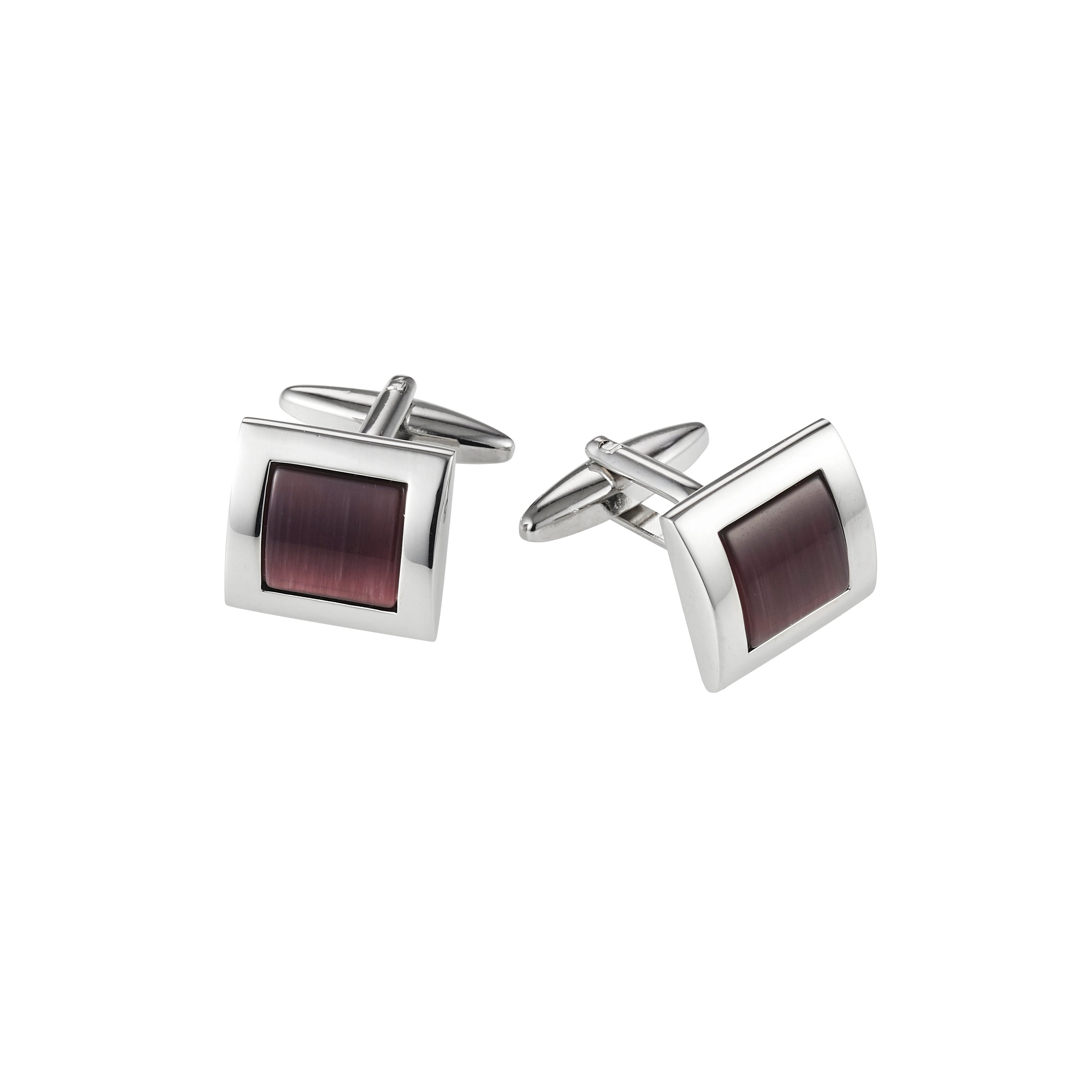 Rhodium Plated Purple Checked Cat's Eye Curved Cufflinks