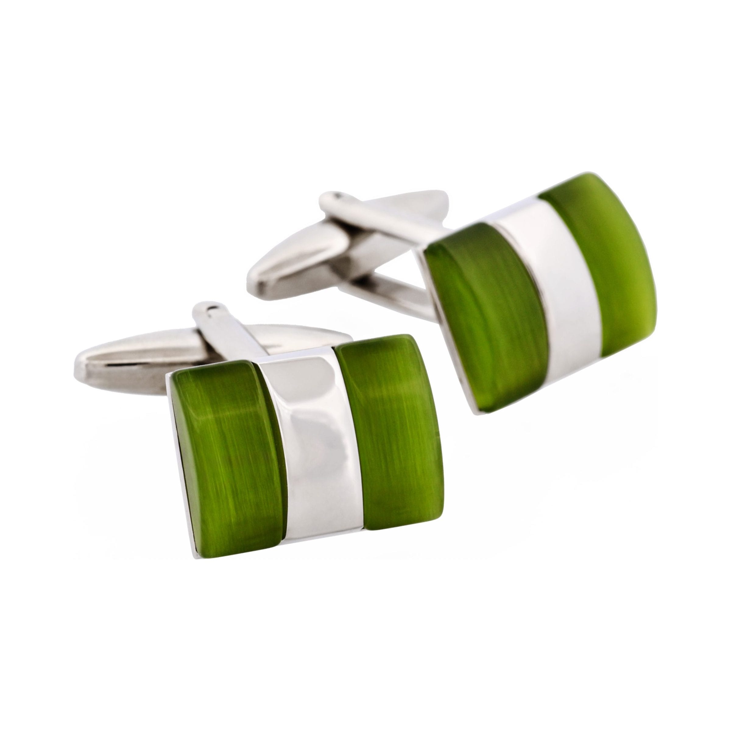 Rhodium Plated Apple Green Cat's Eye Cufflinks