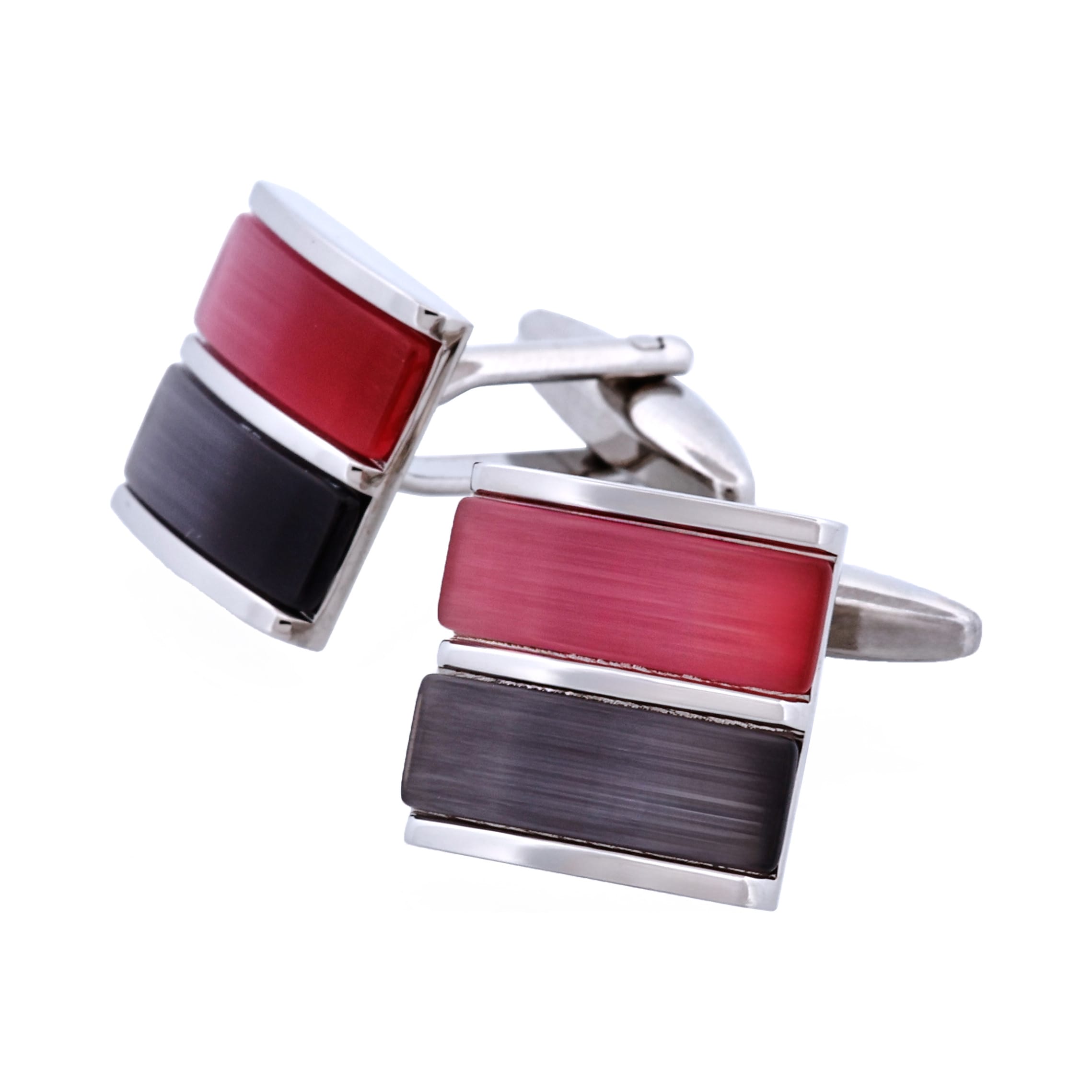 Rhodium Plated Grey & Pink Cat's Eye Cufflinks