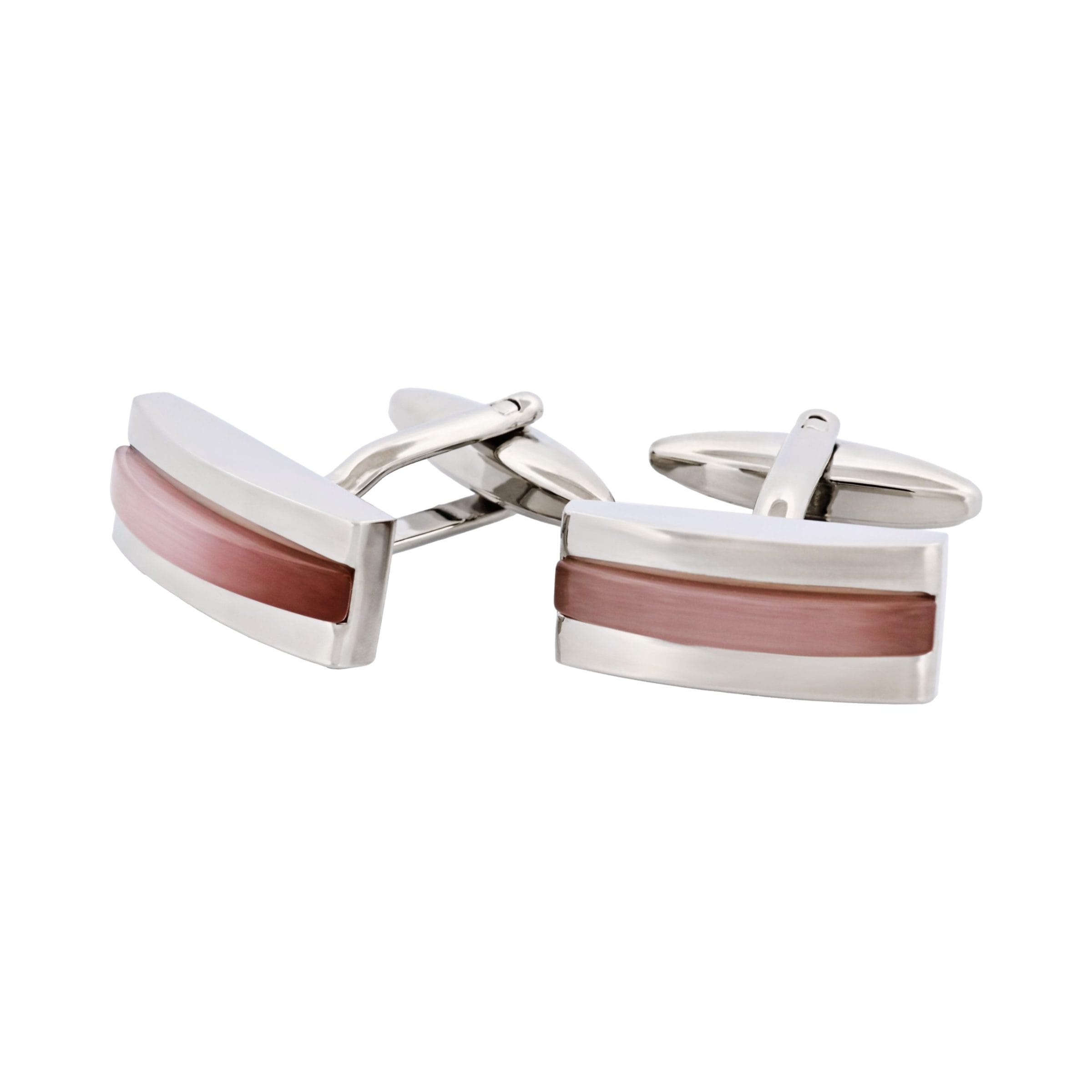Polished Rhodium Plated Bar Cufflinks with Lilac Cat's Eye Inlay