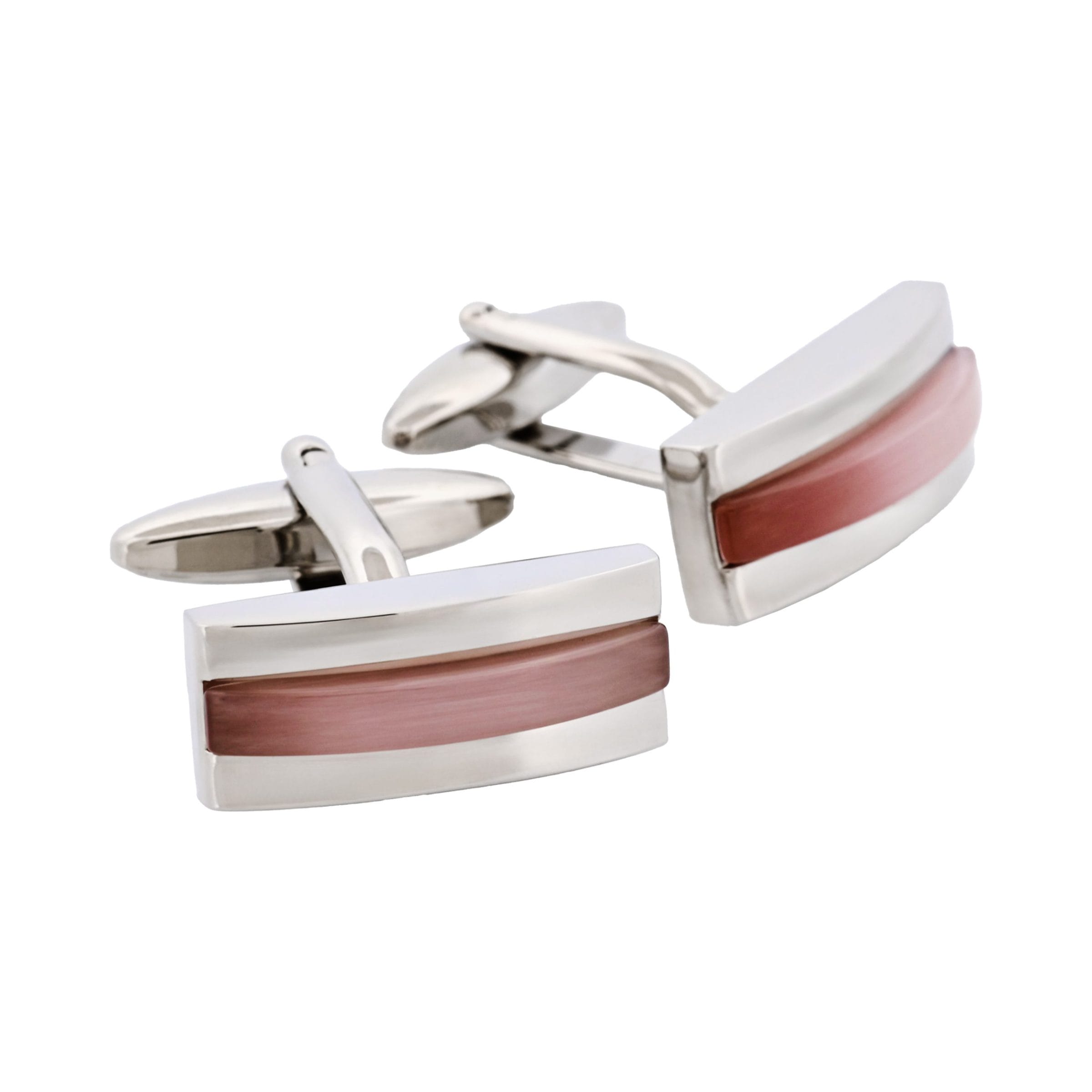 Polished Rhodium Plated Bar Cufflinks with Lilac Cat's Eye Inlay