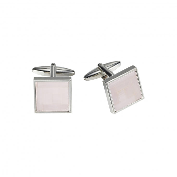 Polished Rhodium Plated Square Cufflinks with Lilac Cat's Eye Inlay