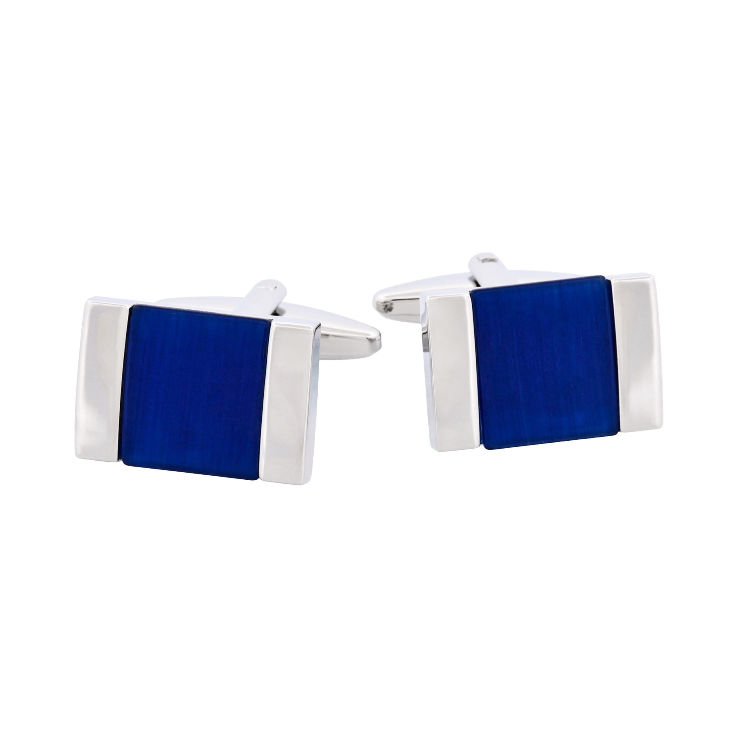 Rhodium Plated Dark Blue Cat's Eye Square Cufflinks