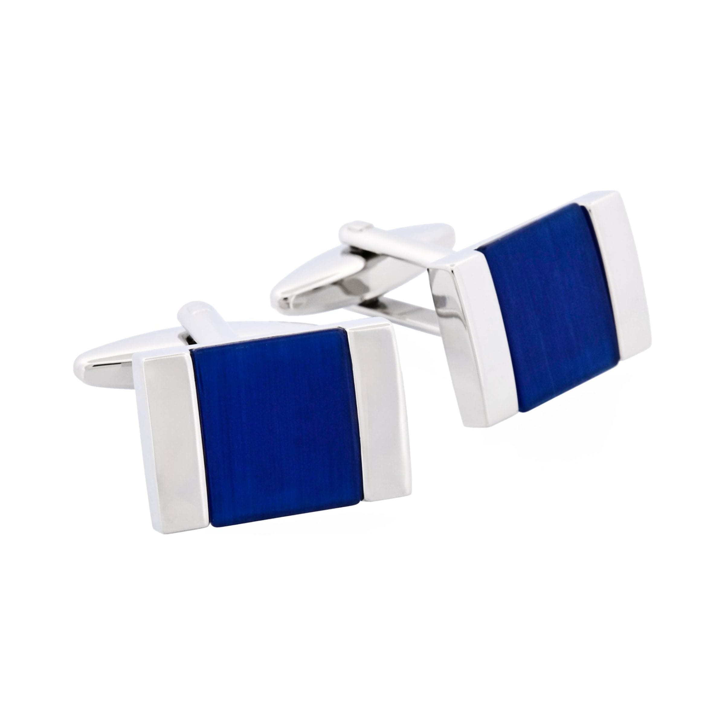 Rhodium Plated Dark Blue Cat's Eye Square Cufflinks