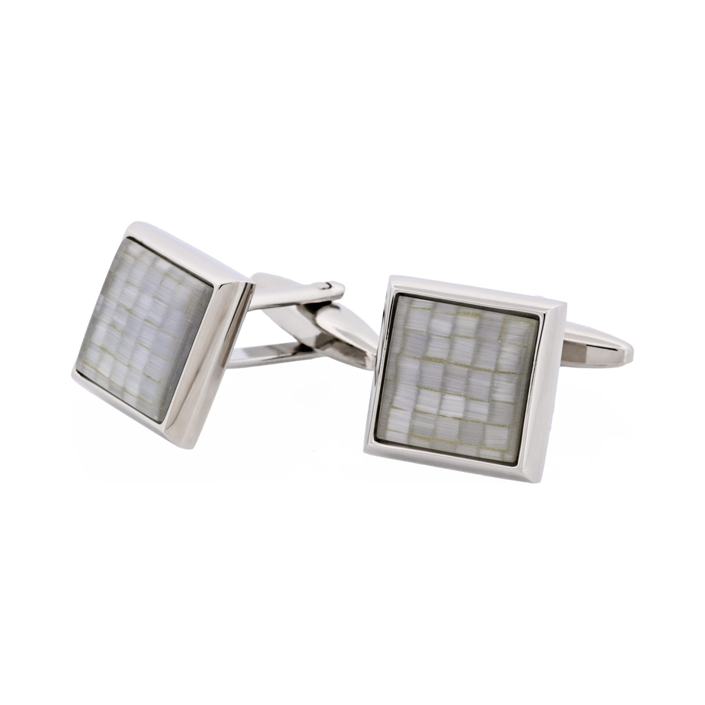 Rhodium Plated Grey Mosaic Cat's Eye Square Cufflinks