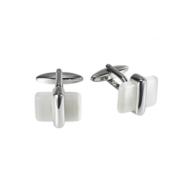 Polished Rhodium Plated Metal & White Cat's Eye Cufflinks