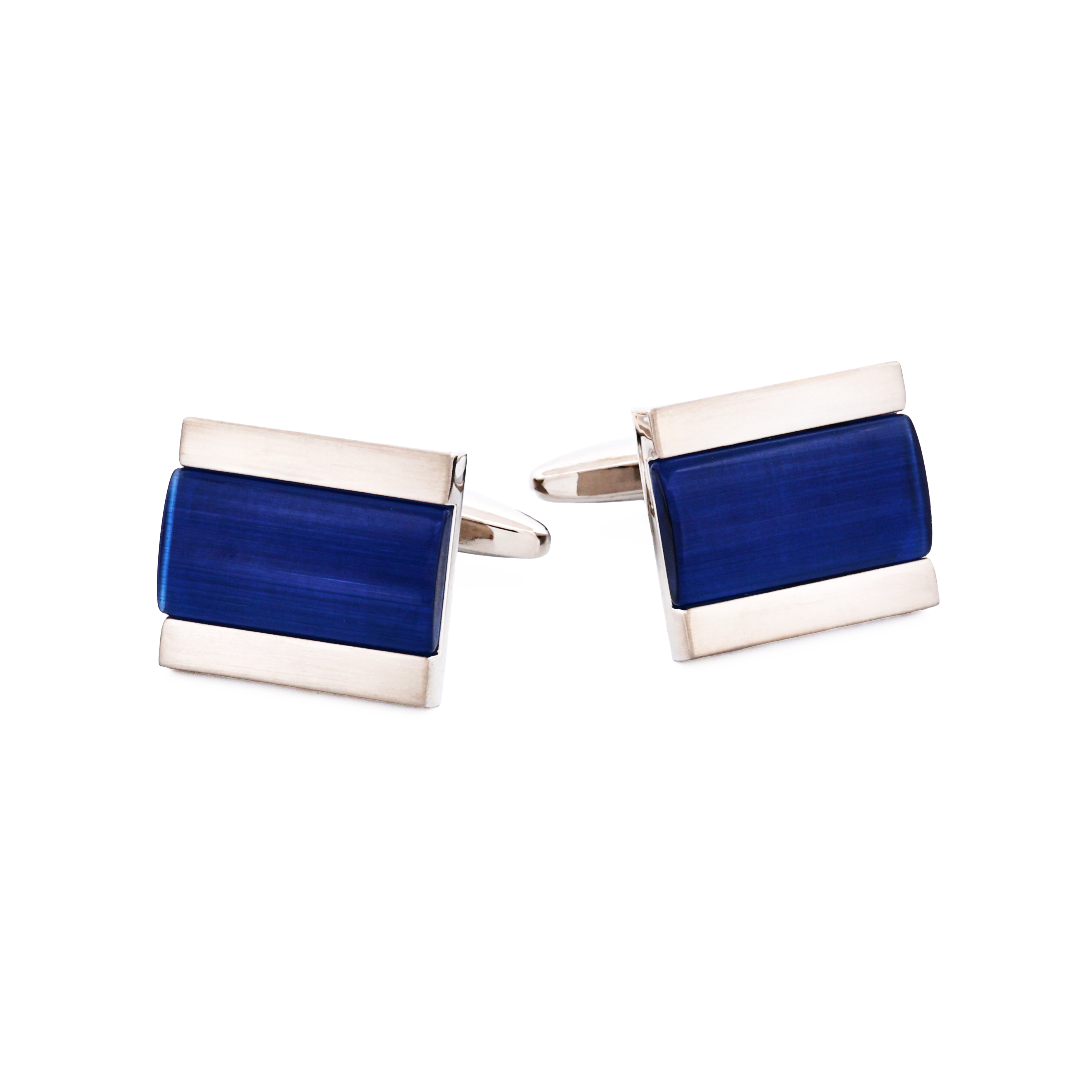 Brushed Rhodium Plated Dark Blue Cat's Eye Cufflinks