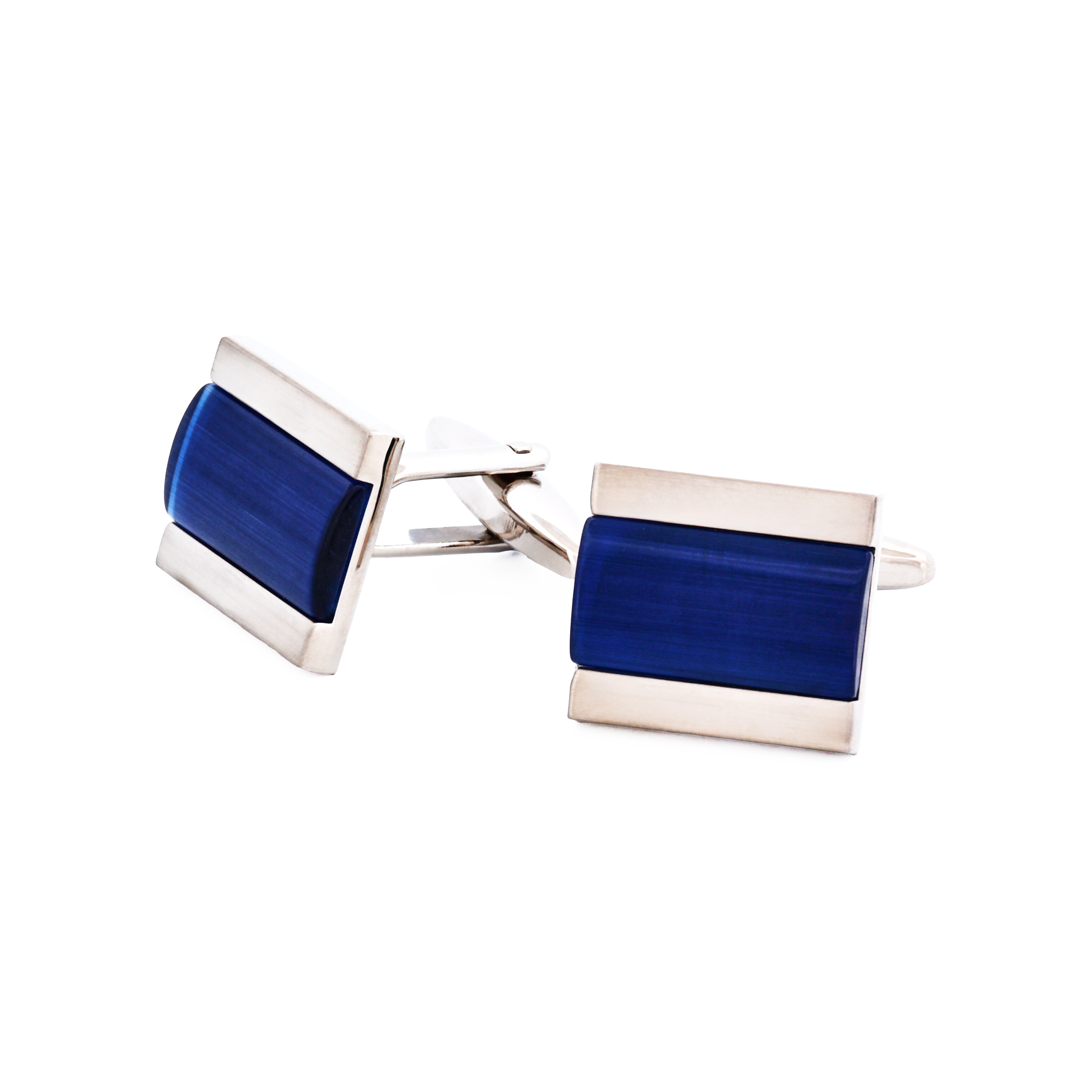 Brushed Rhodium Plated Dark Blue Cat's Eye Cufflinks
