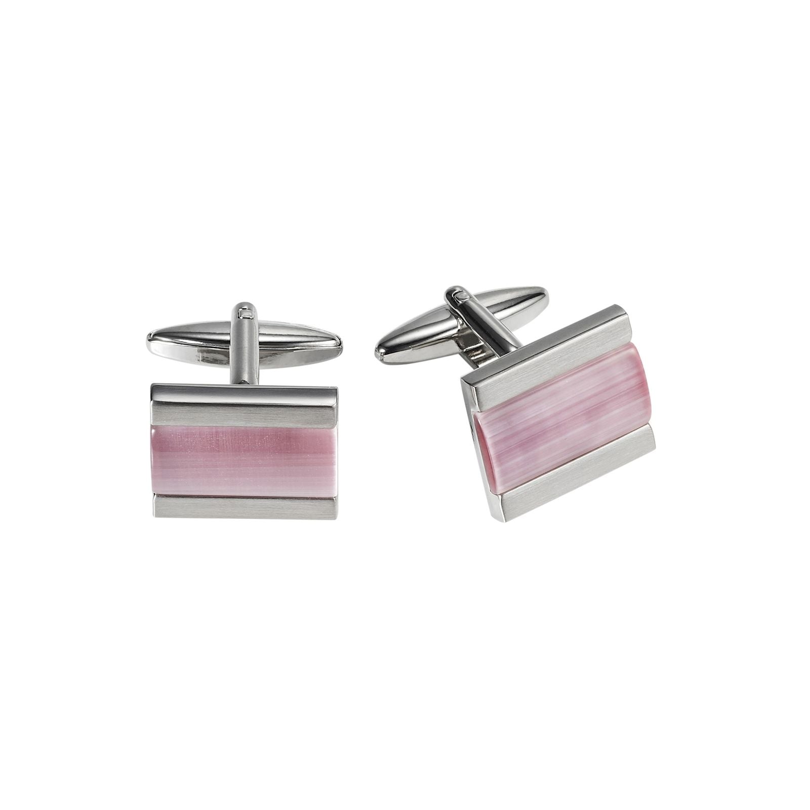 Polished Rhodium Plated Rectangle Cufflinks with Pink Cat's Eye Inlay