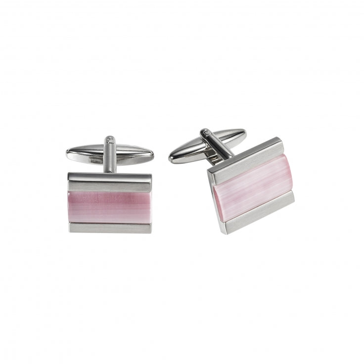 Polished Rhodium Plated Rectangle Cufflinks with Pink Cat's Eye Inlay