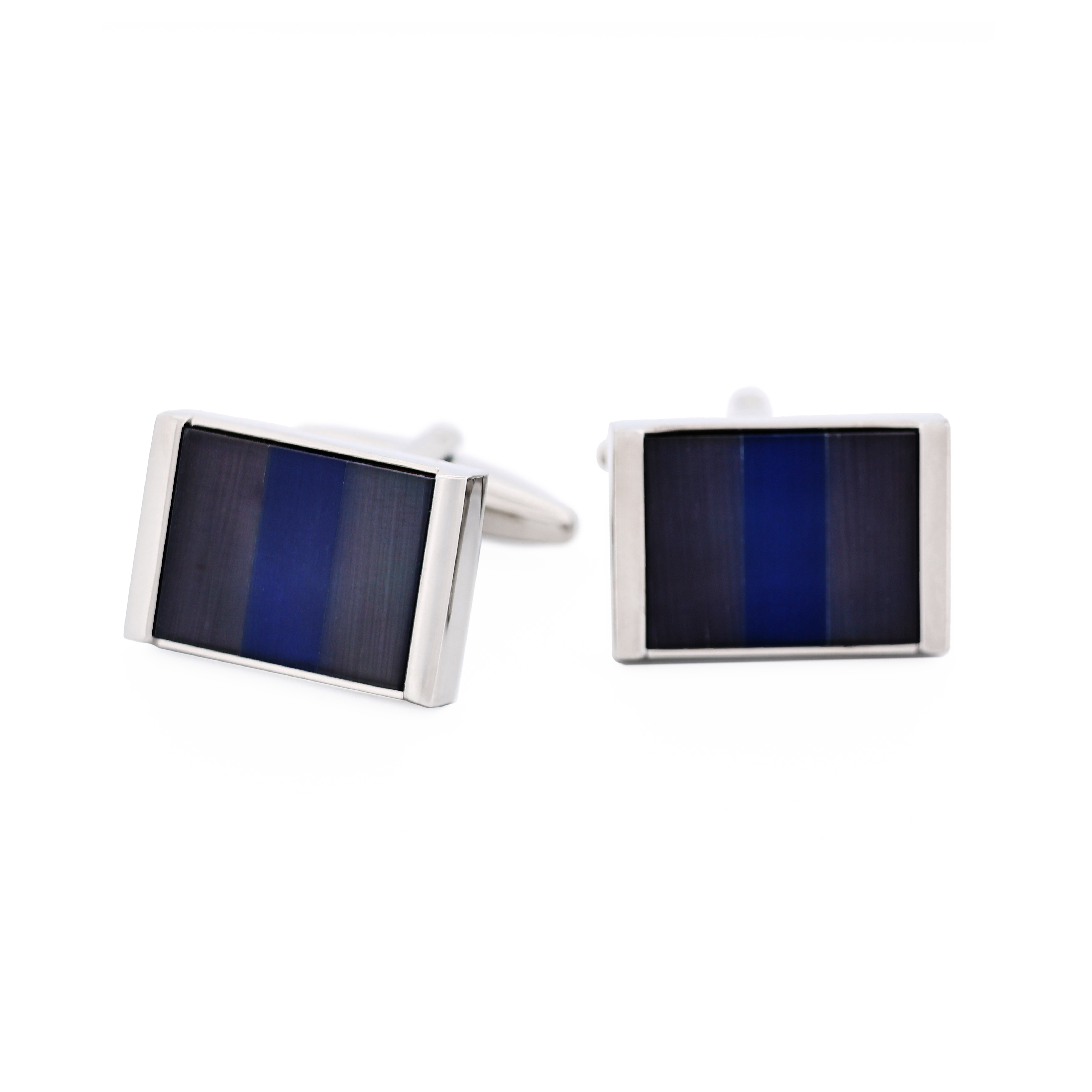 Rhodium Plated Black & Navy Cat's Eye Rectangle Cufflinks