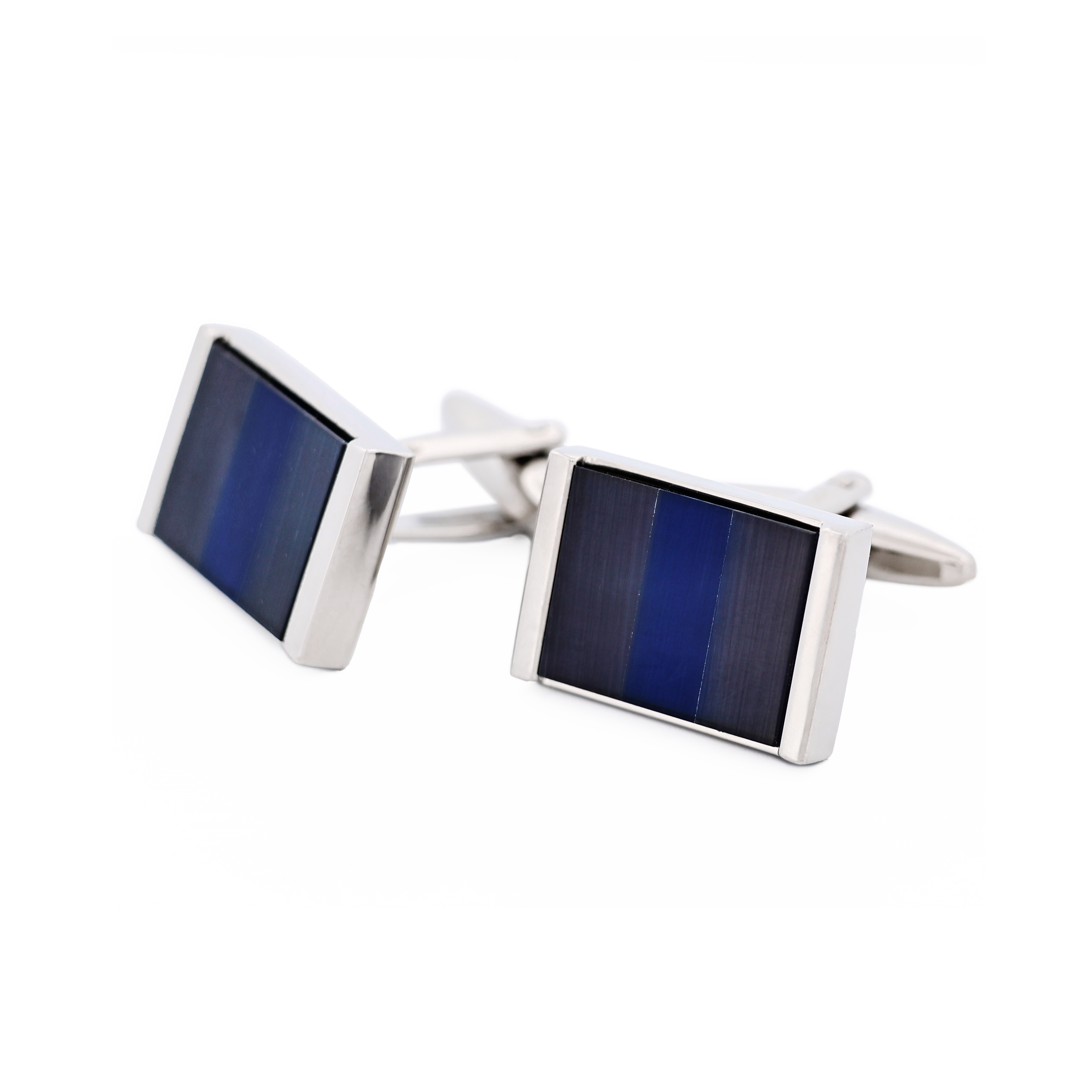 Rhodium Plated Black & Navy Cat's Eye Rectangle Cufflinks