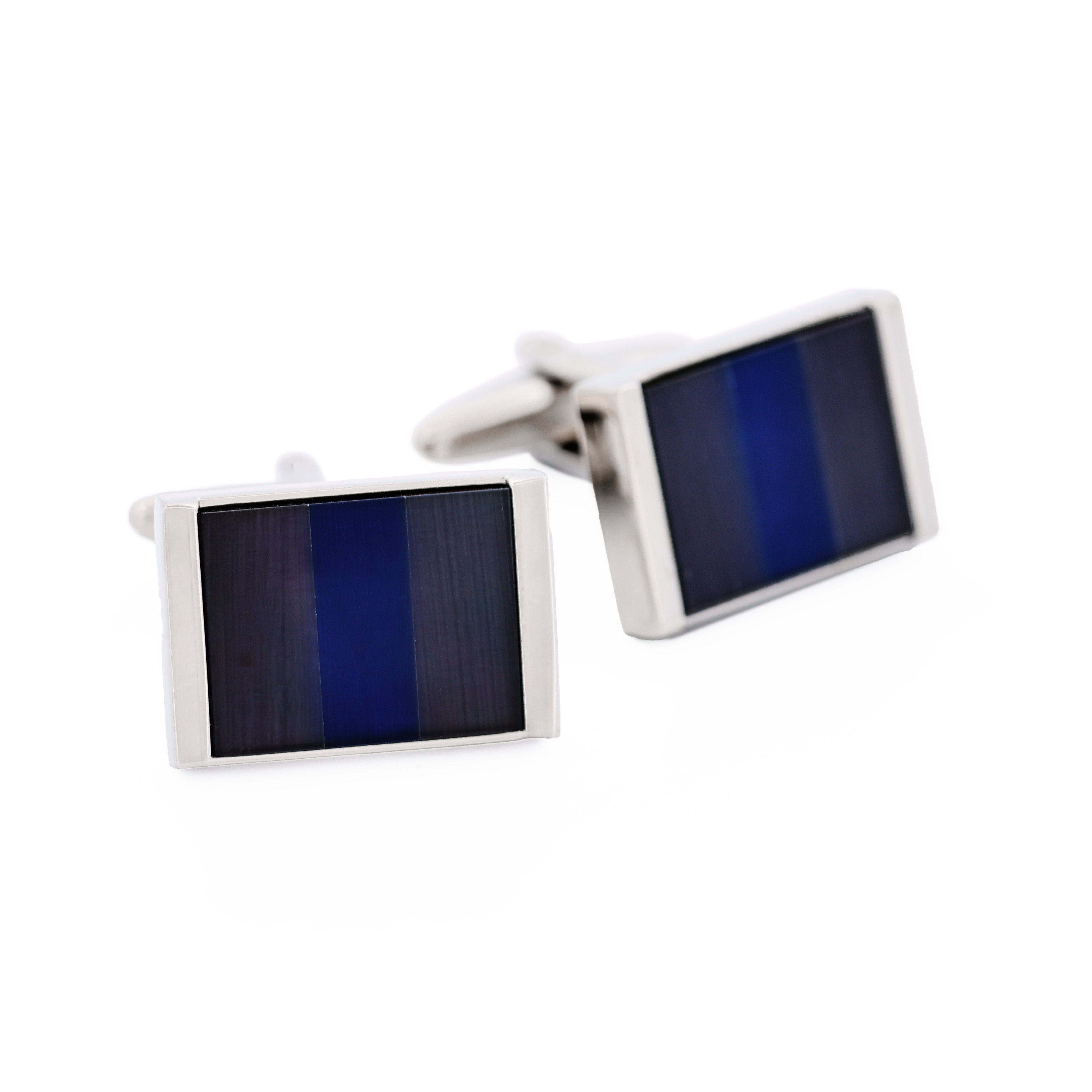 Rhodium Plated Black & Navy Cat's Eye Rectangle Cufflinks