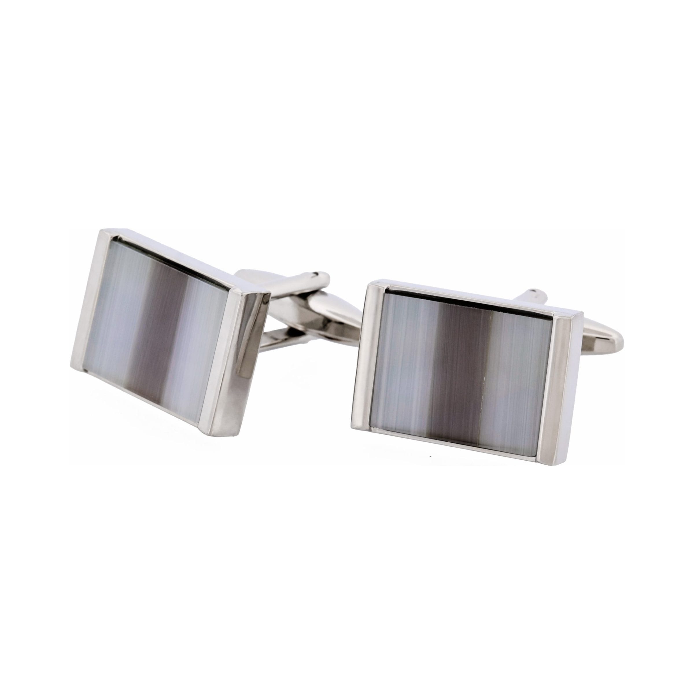 Rhodium Plated Grey & Charcoal Cat's Eye Rectangle Cufflinks