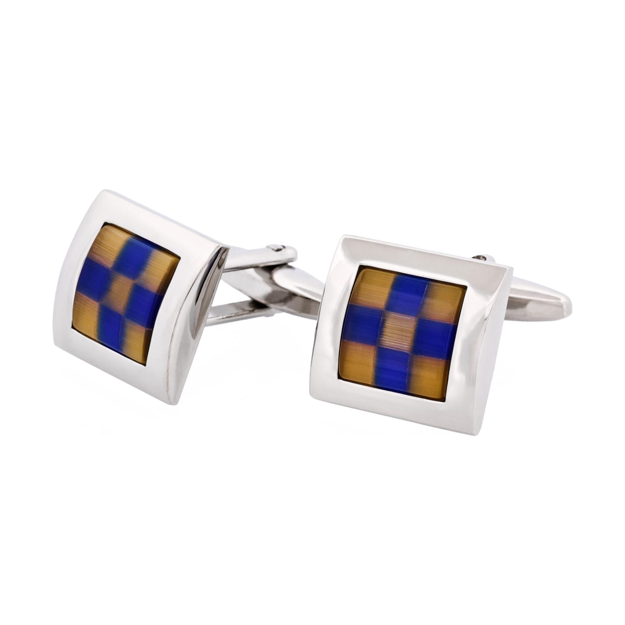 Blue & Yellow Check Square Rhodium Plated Cufflinks