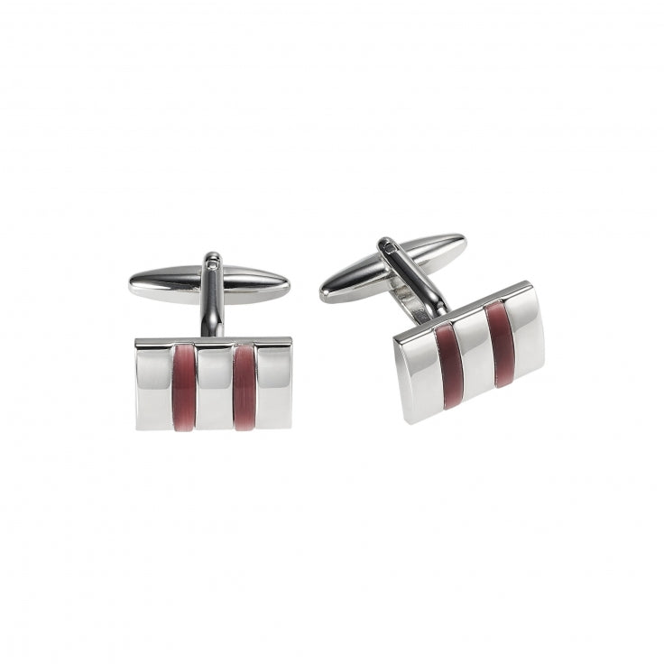 Rhodium Plated Rectangle Cufflinks with Double Maroon Cat's Eye Inlays