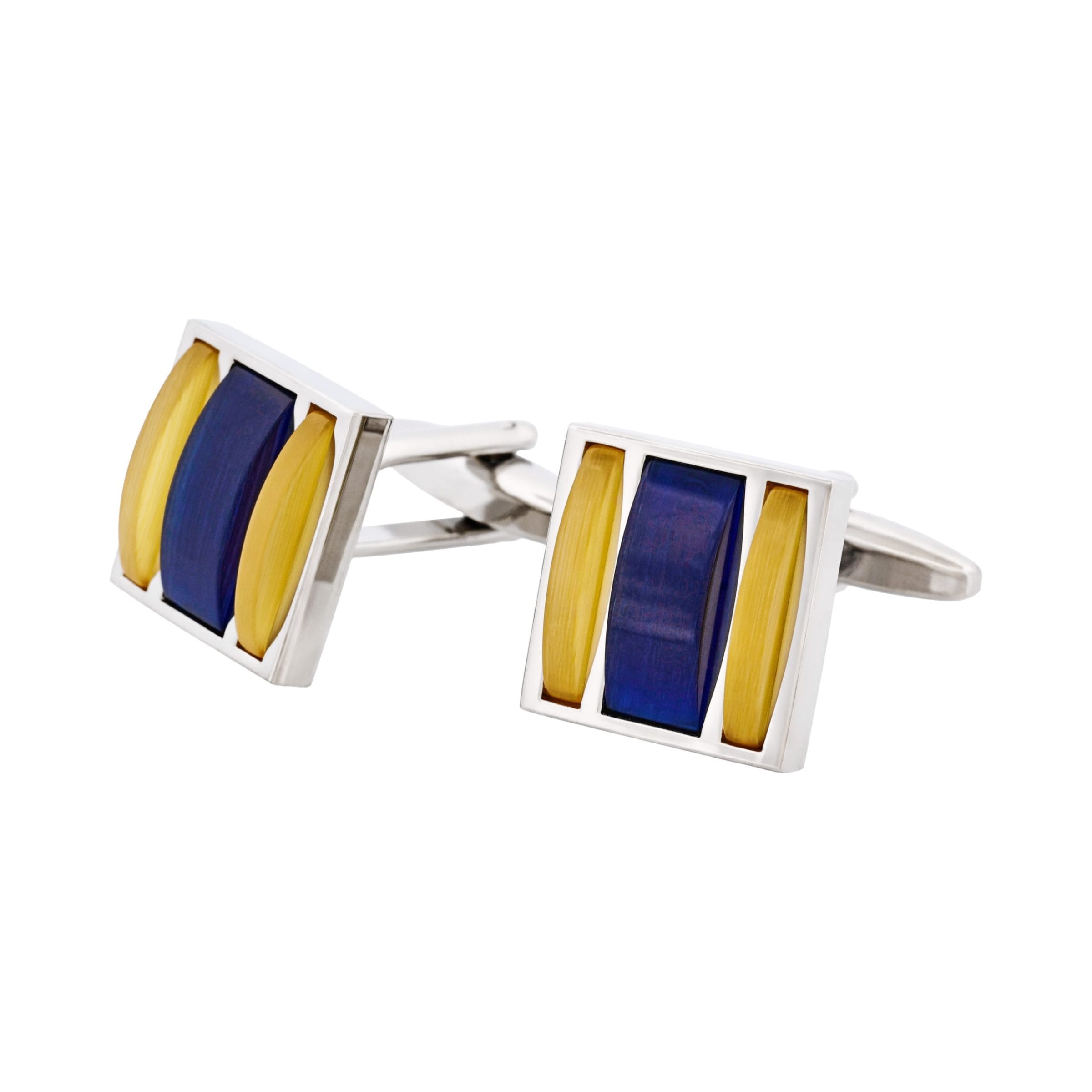Rhodium Plated Square Gold & Navy Cat's Eye Cufflinks