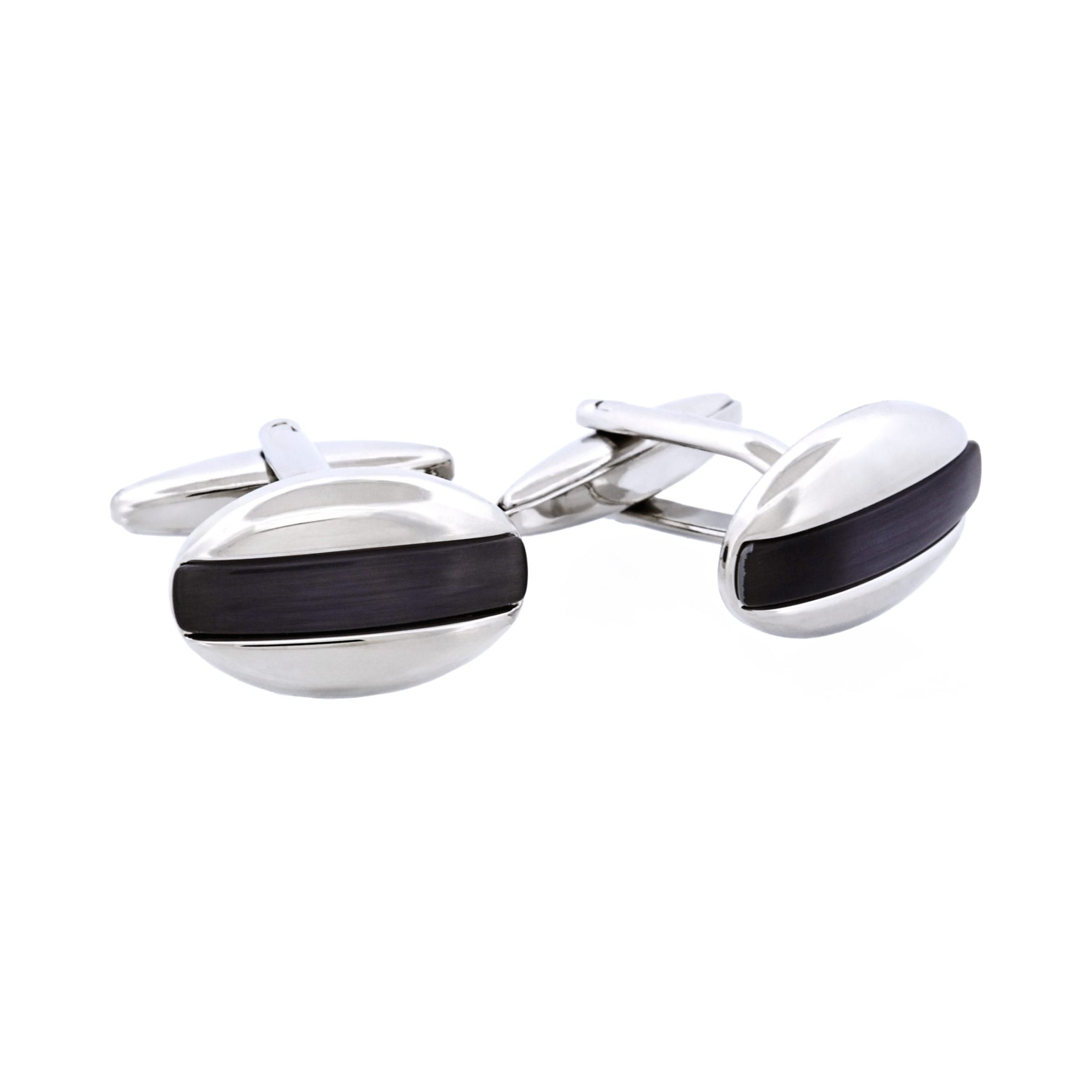 Rhodium Plated Grey Cat's Eye Oval Cufflinks