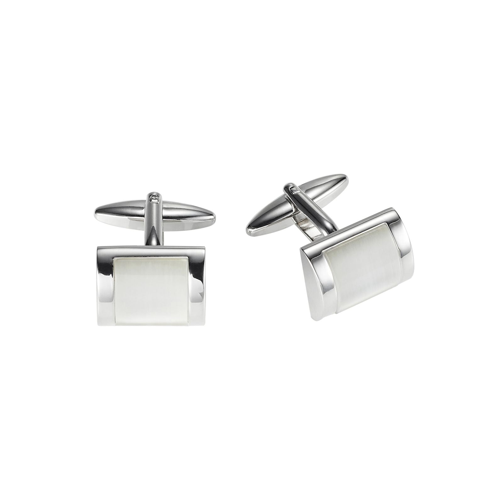 Rhodium Plated Rectangle Cufflinks with Curved Face White Cat's Eye Inlay