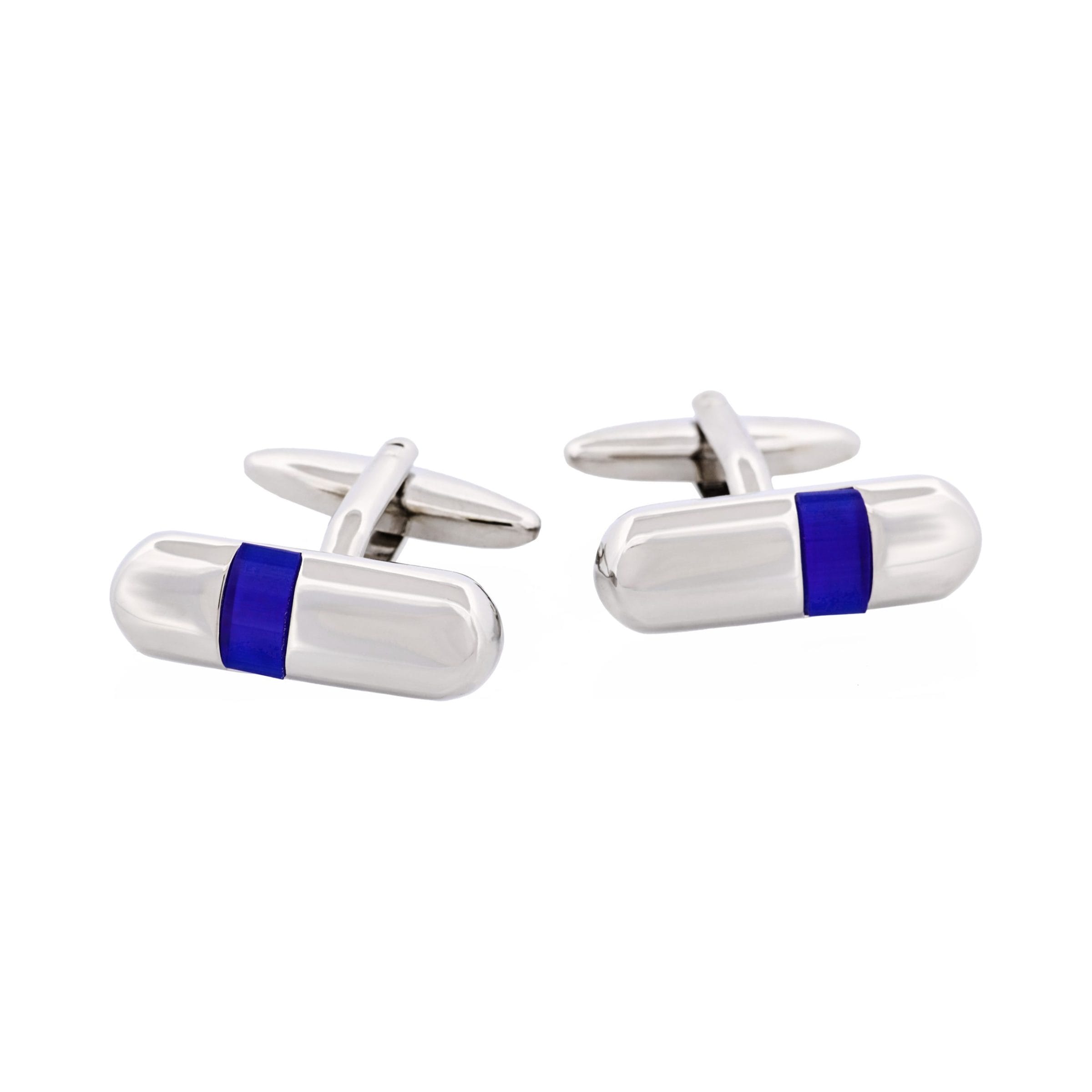 Polished Rhodium Plated & Dark Blue Cat's Eye Tube Cufflinks