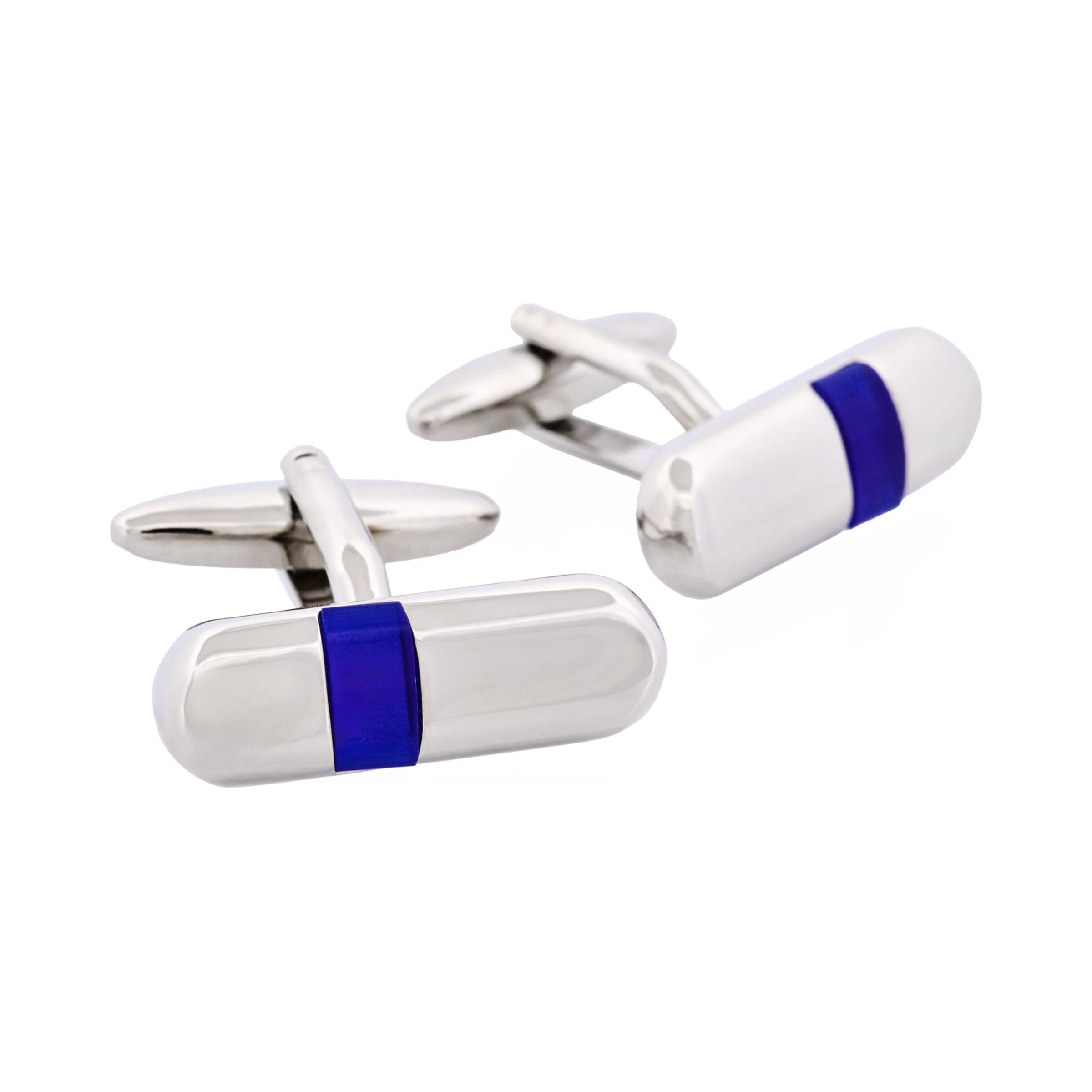 Polished Rhodium Plated & Dark Blue Cat's Eye Tube Cufflinks