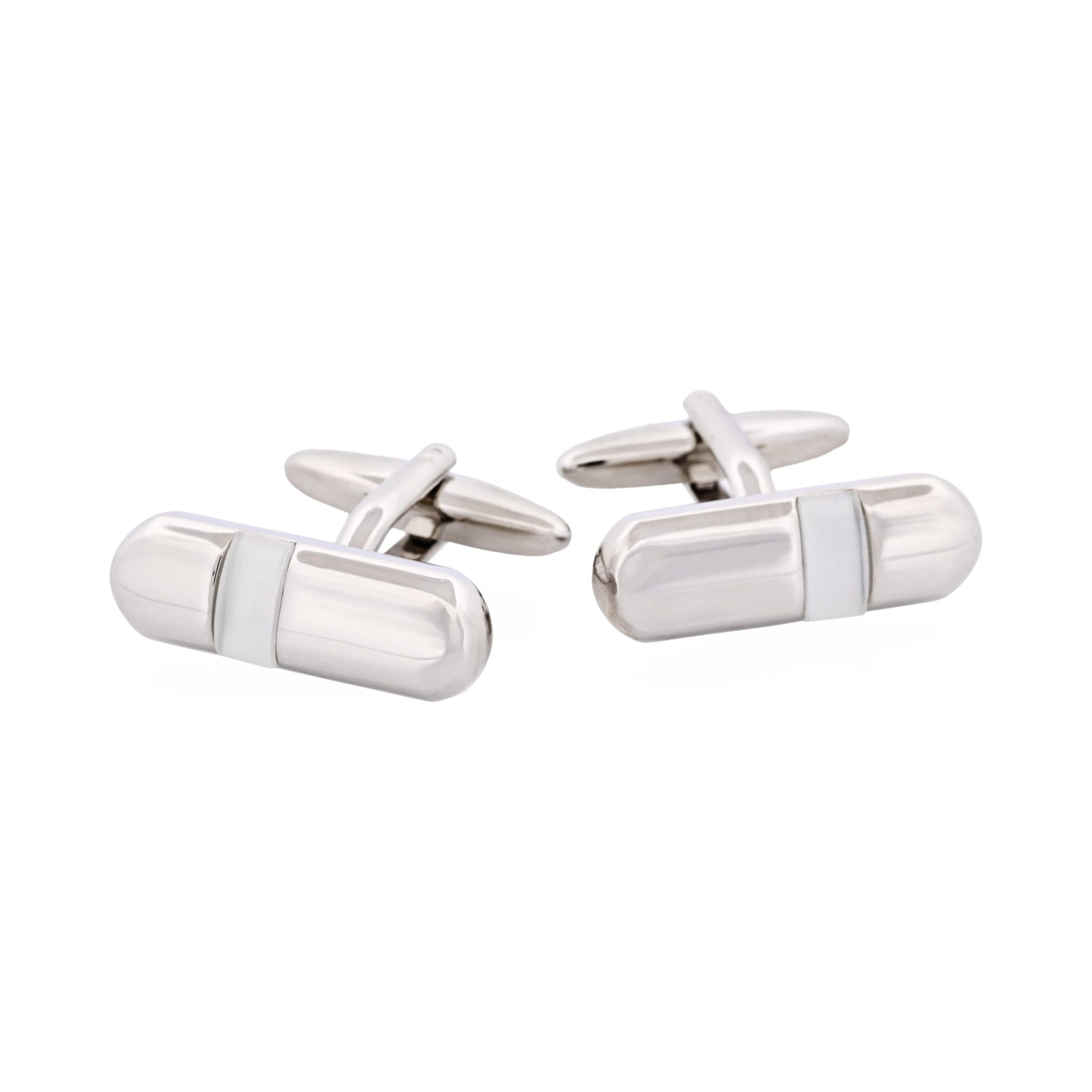 Polished Rhodium Plated & White Cat's Eye Tube Cufflinks