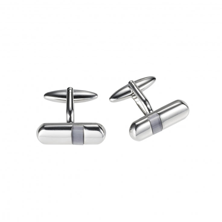 Polished Rhodium Plated & Light Grey Cat's Eye Tube Cufflinks