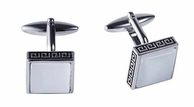 Square White Cat's Eye & Greek Key Boarder Cufflinks