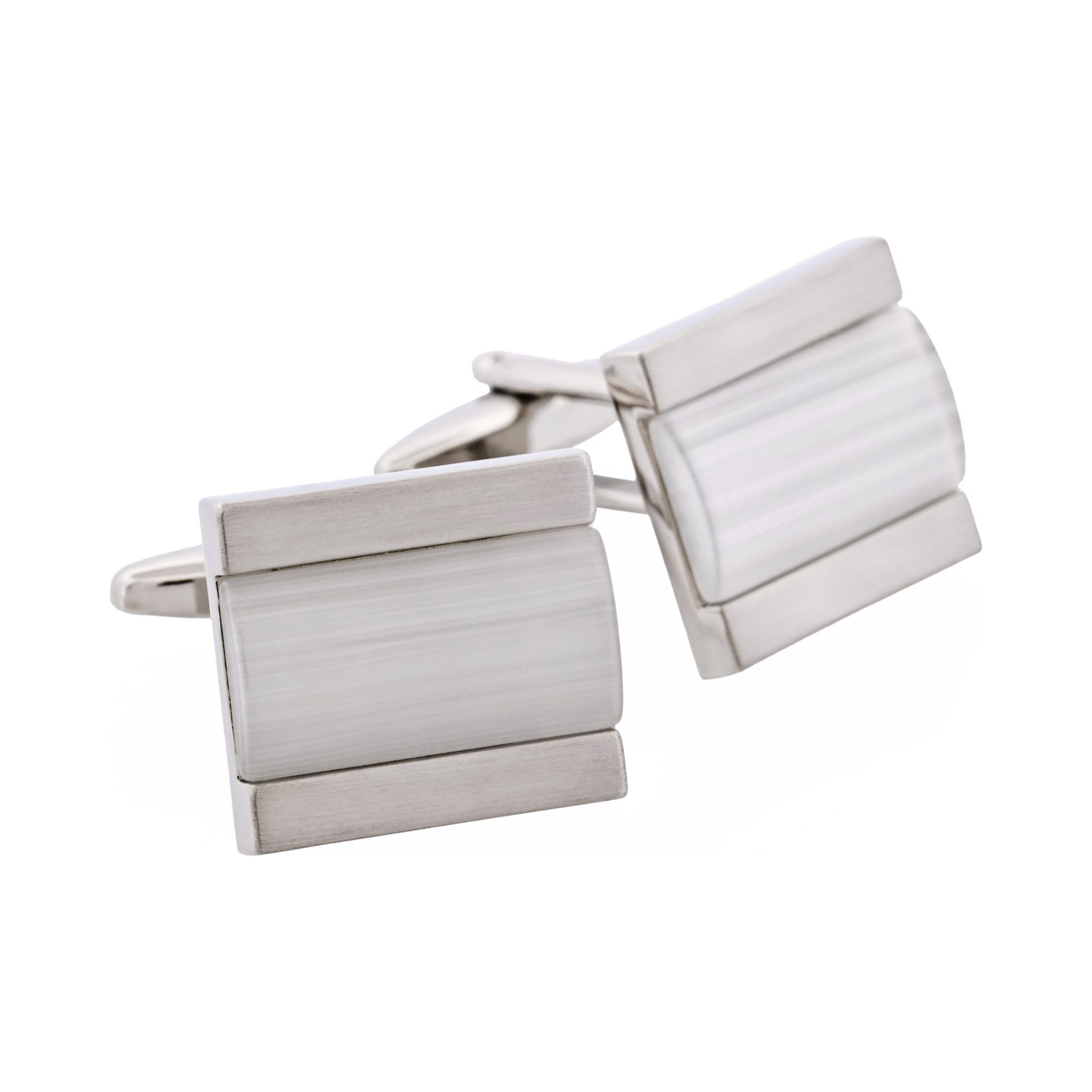 Brushed Rhodium White Cat's Eye Inlay Cufflinks