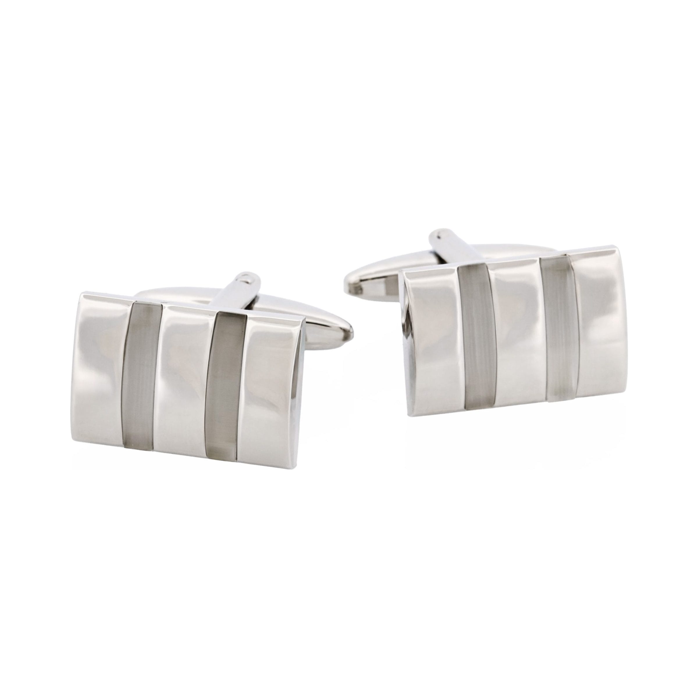 Polished Rhodium Plated Rectangle Cufflinks with Twin White Cat's Eye Inlays