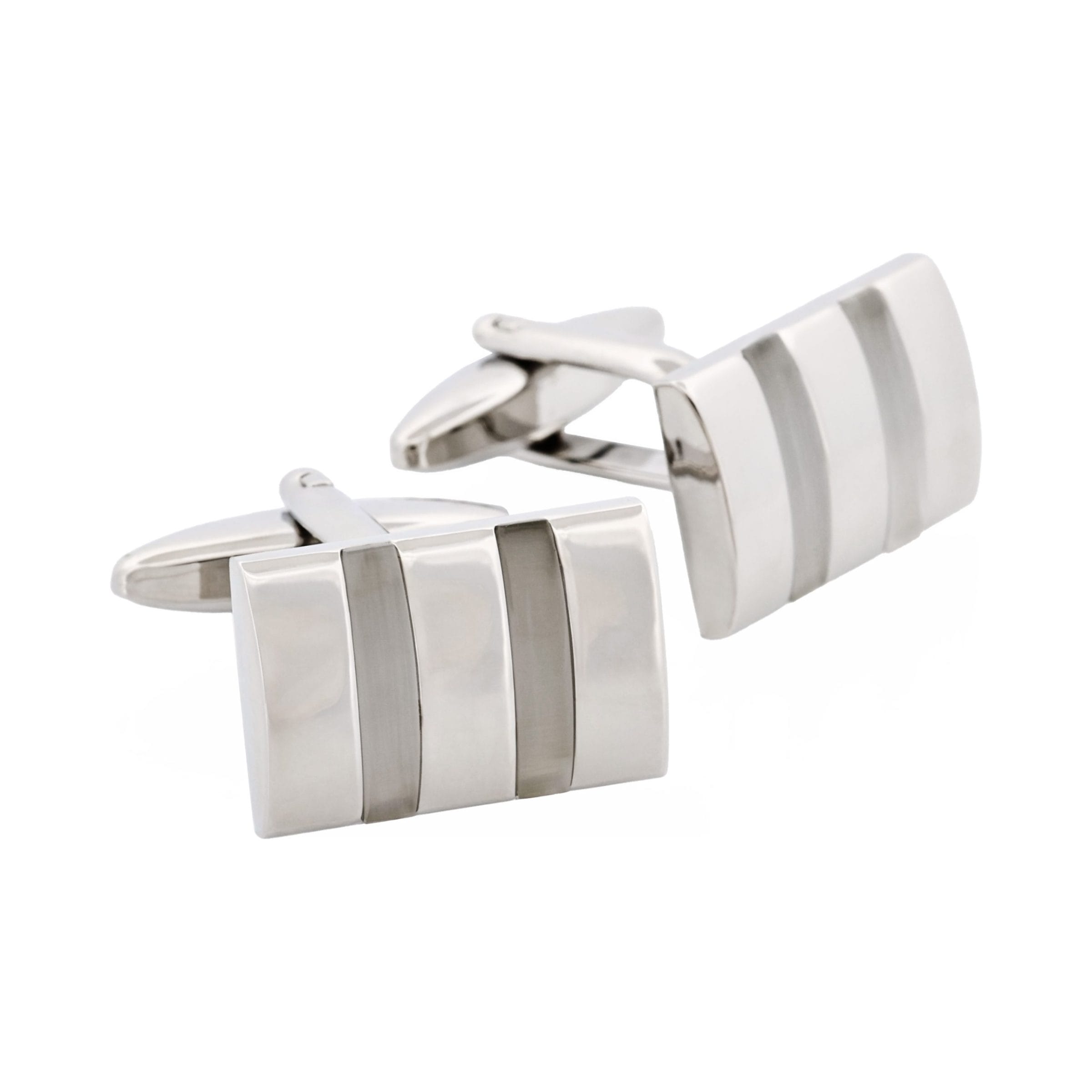 Polished Rhodium Plated Rectangle Cufflinks with Twin White Cat's Eye Inlays