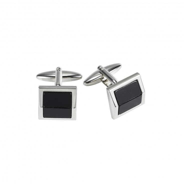 Polished Rhodium Plated Square Cufflinks with Black Cat's Eye Inlay