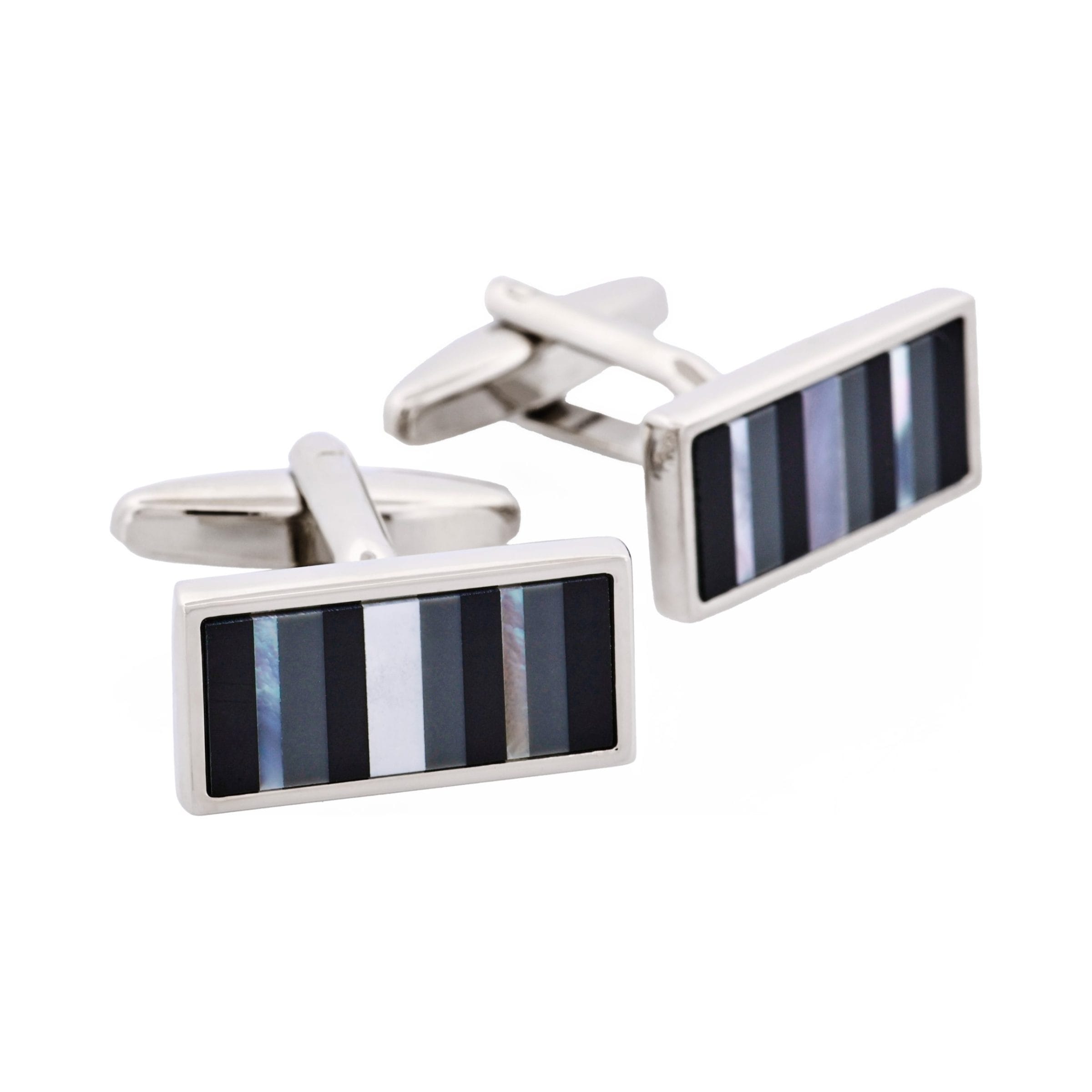 Rhodium Plated & Mop & Onyx & Grey Cat's Eye Rectangle Cufflinks