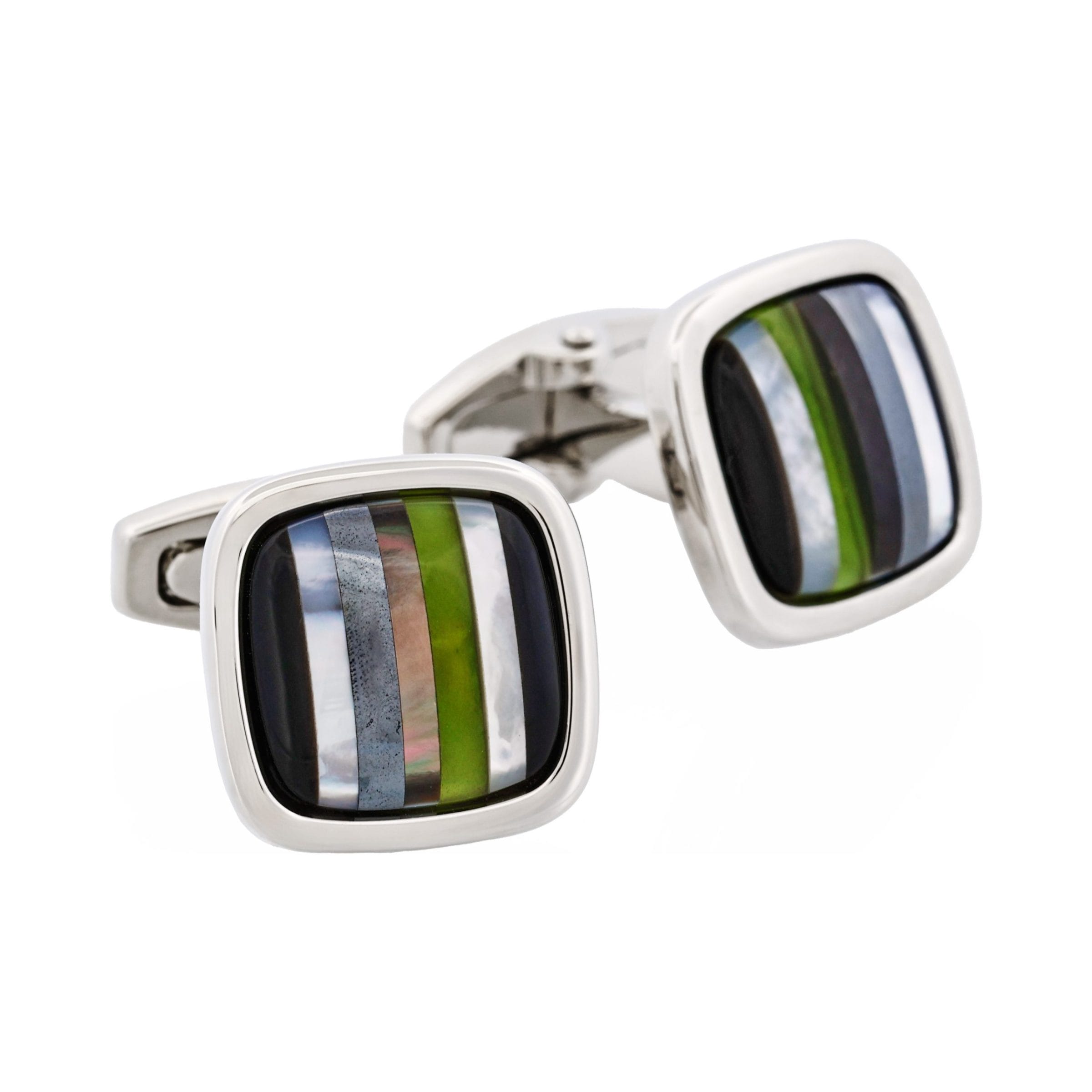 Rhodium & Onyx & Mop & Hemataite & Black Lip & #4 Olivine Glass Cufflinks