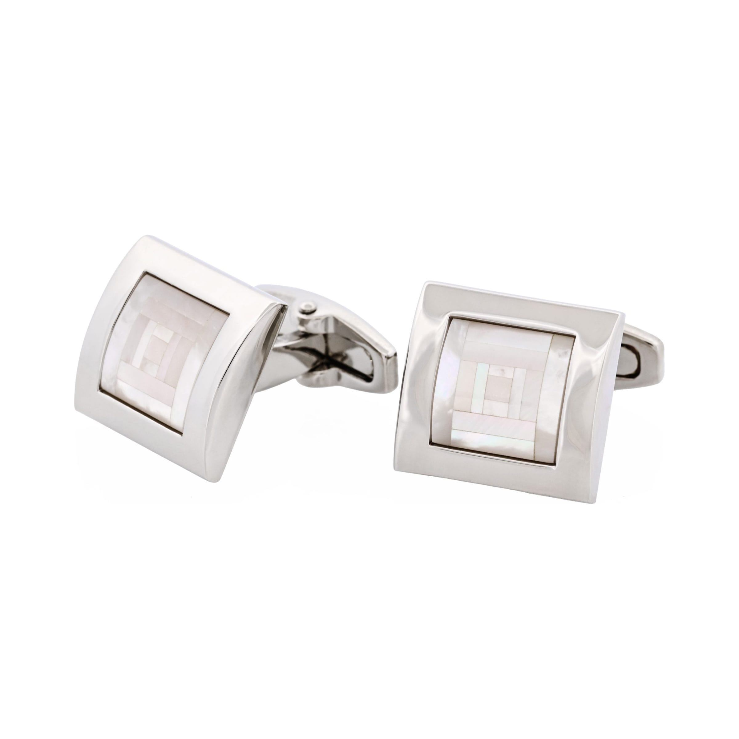 Polished Rhodium Plated Square Curved Mother Of Pearl Cufflinks