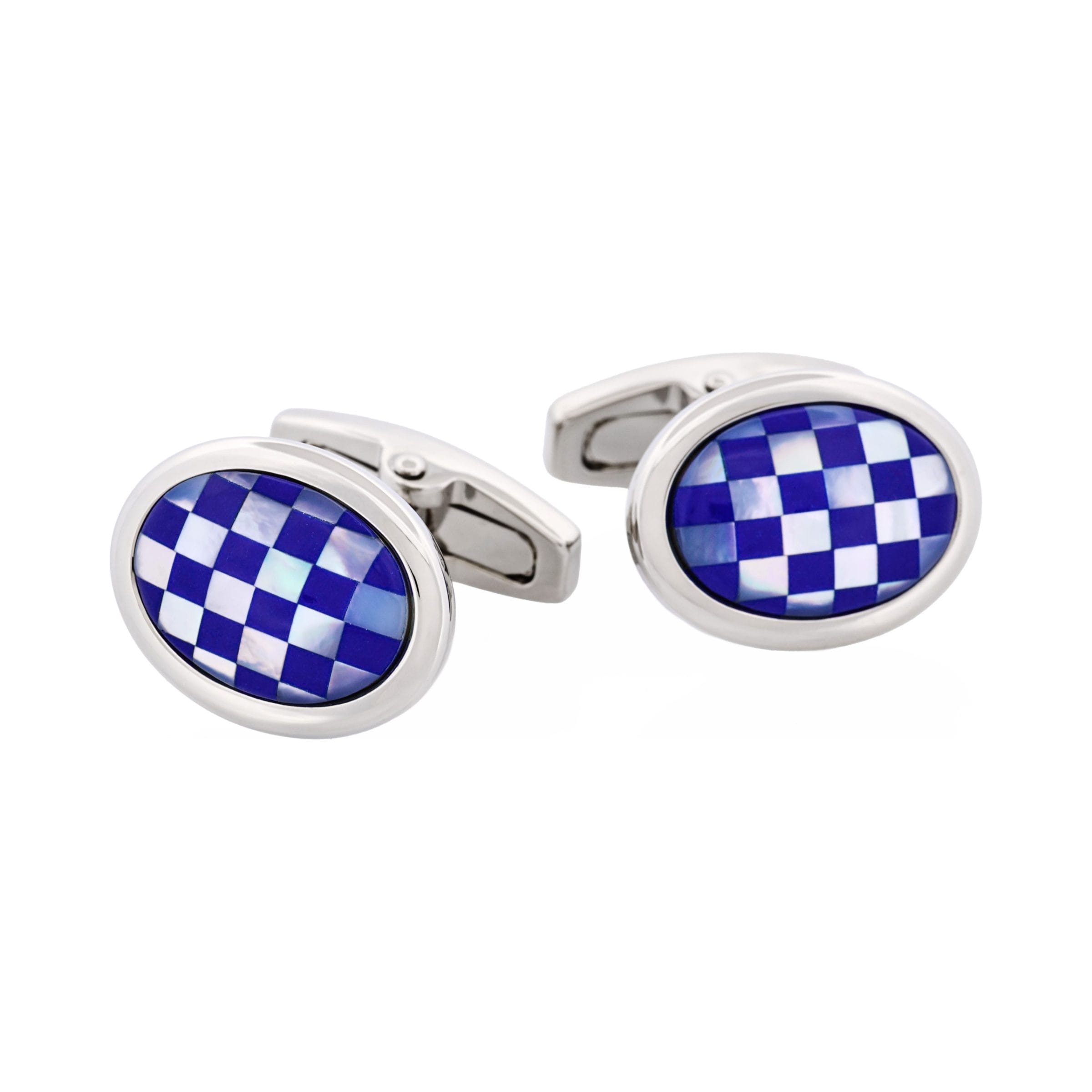 Polished Rhodium Plated Oval Mother Of Pearl & Lapis Lazuli Cufflinks
