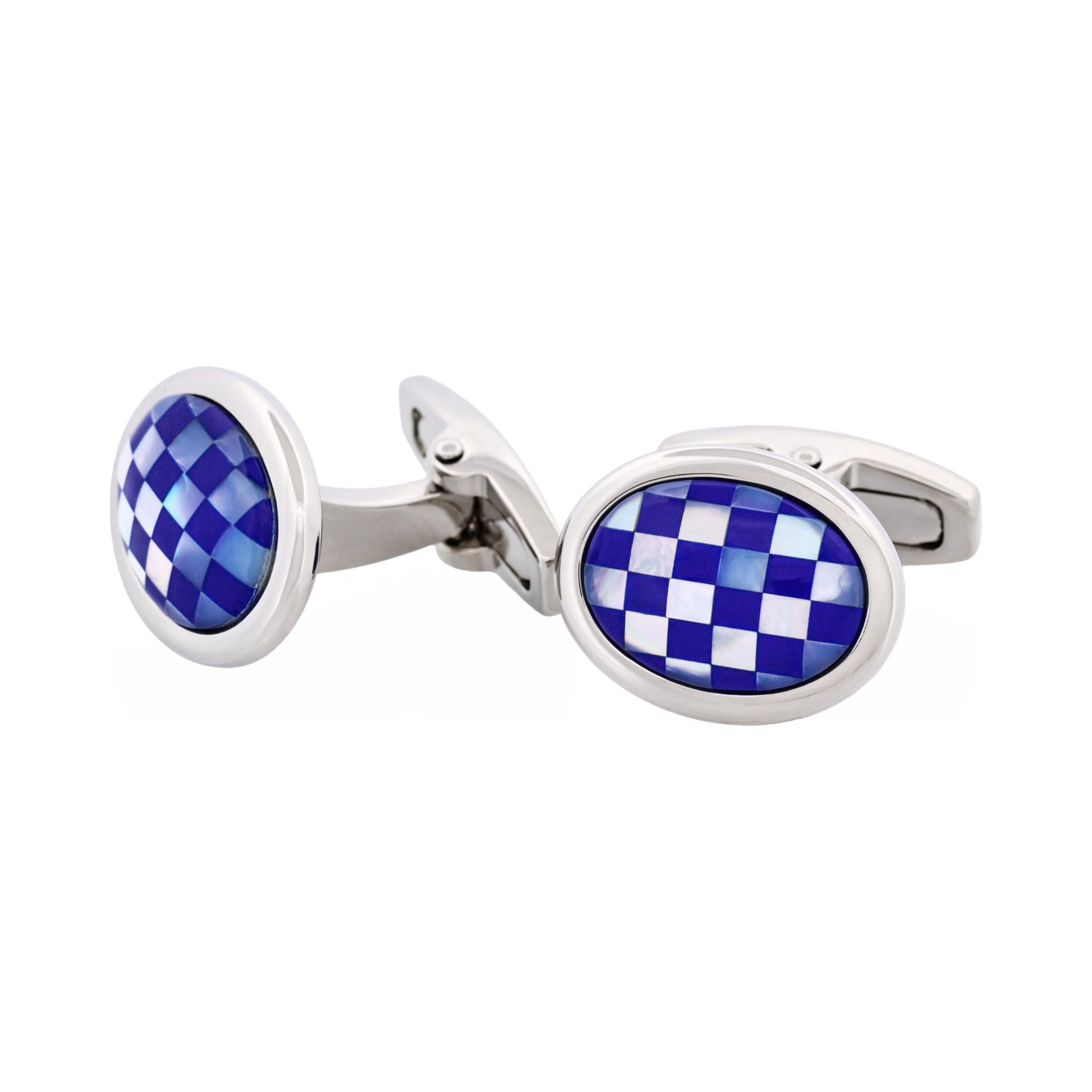 Polished Rhodium Plated Oval Mother Of Pearl & Lapis Lazuli Cufflinks