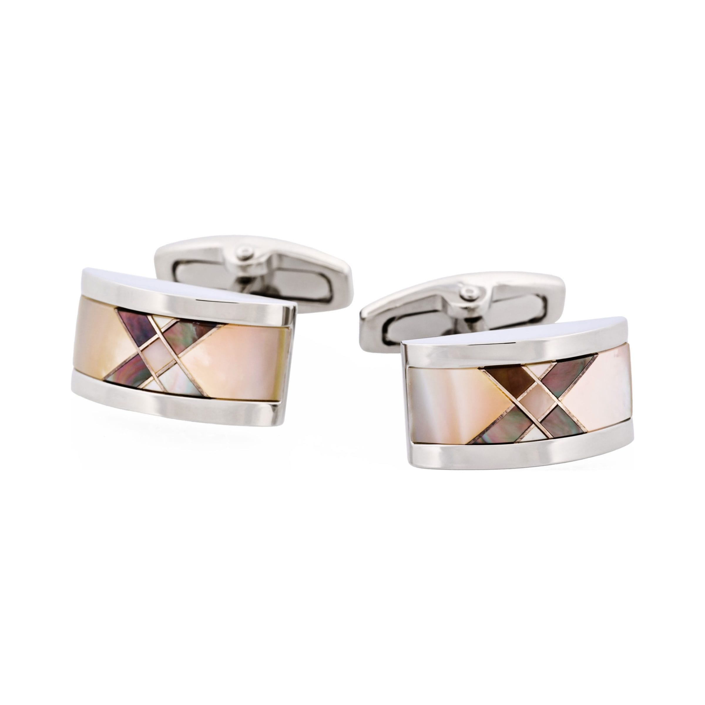 Polished Rhodium Plated Wedge Shaped White & Grey & Pink Mother Of Pearl Cufflinks