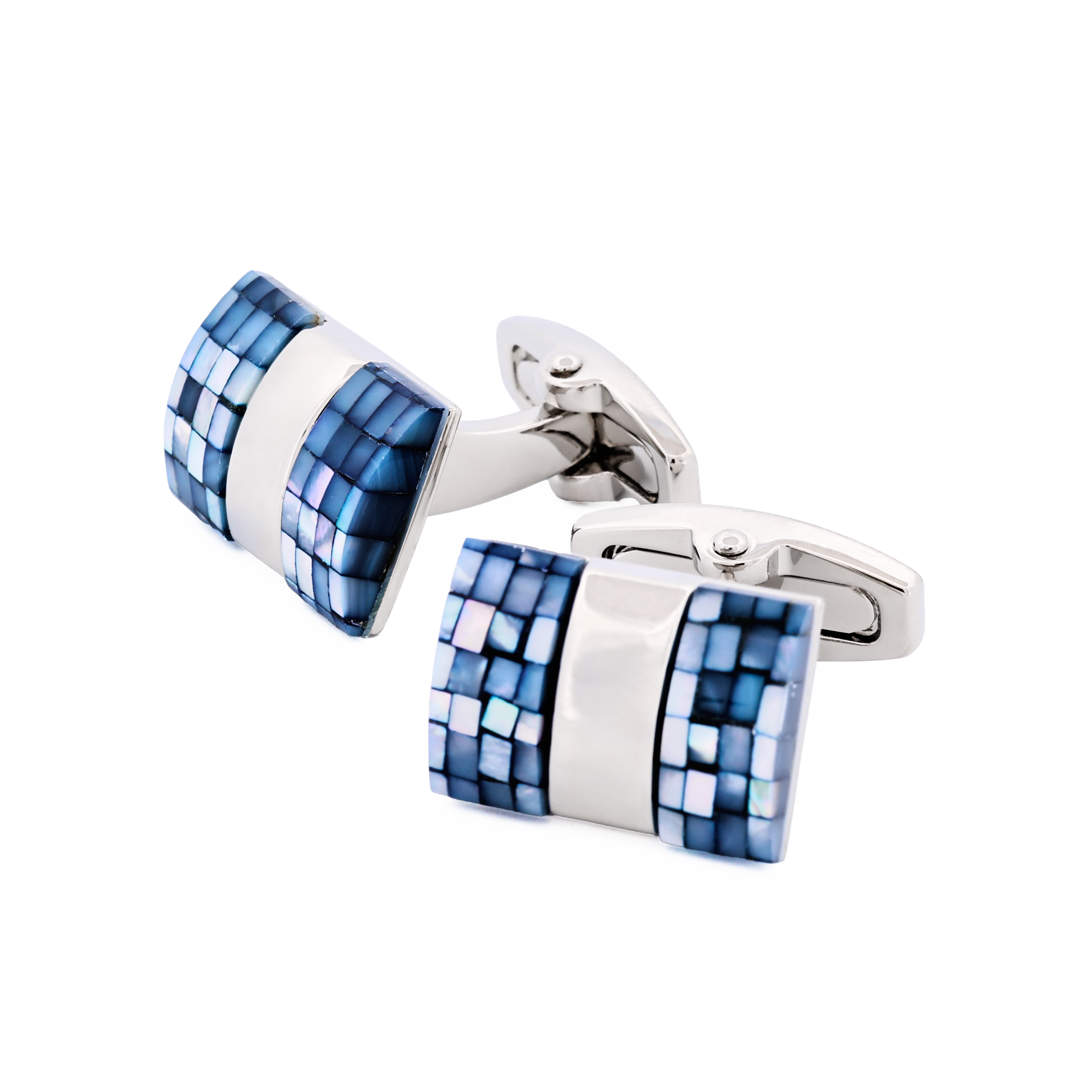 Rhodium Crackled Blue Mother Of Pearl Cufflinks