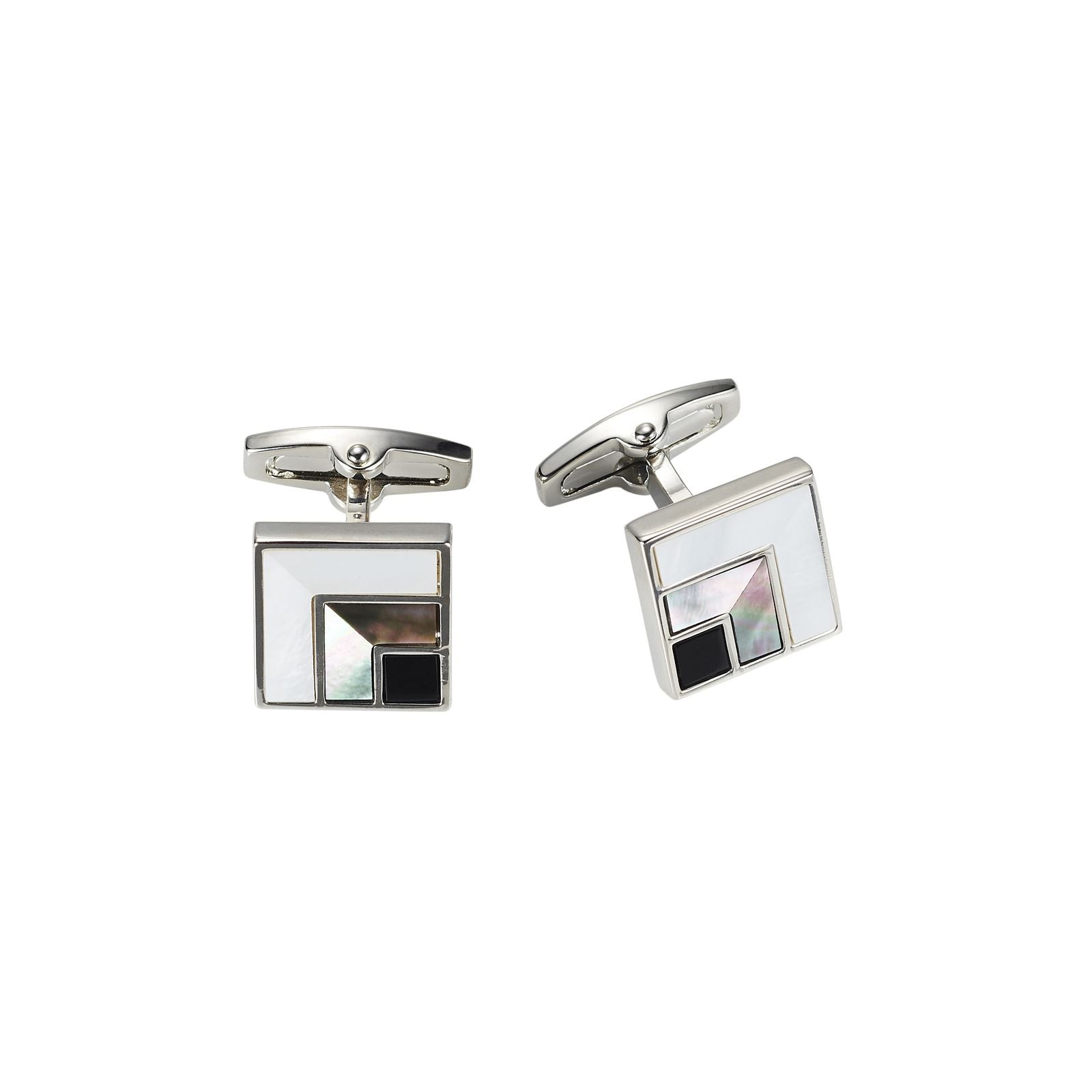 Polished Rhodium Plated Square Cufflinks with Mother Of Pearl, Grey Mop & Onyx Inlays
