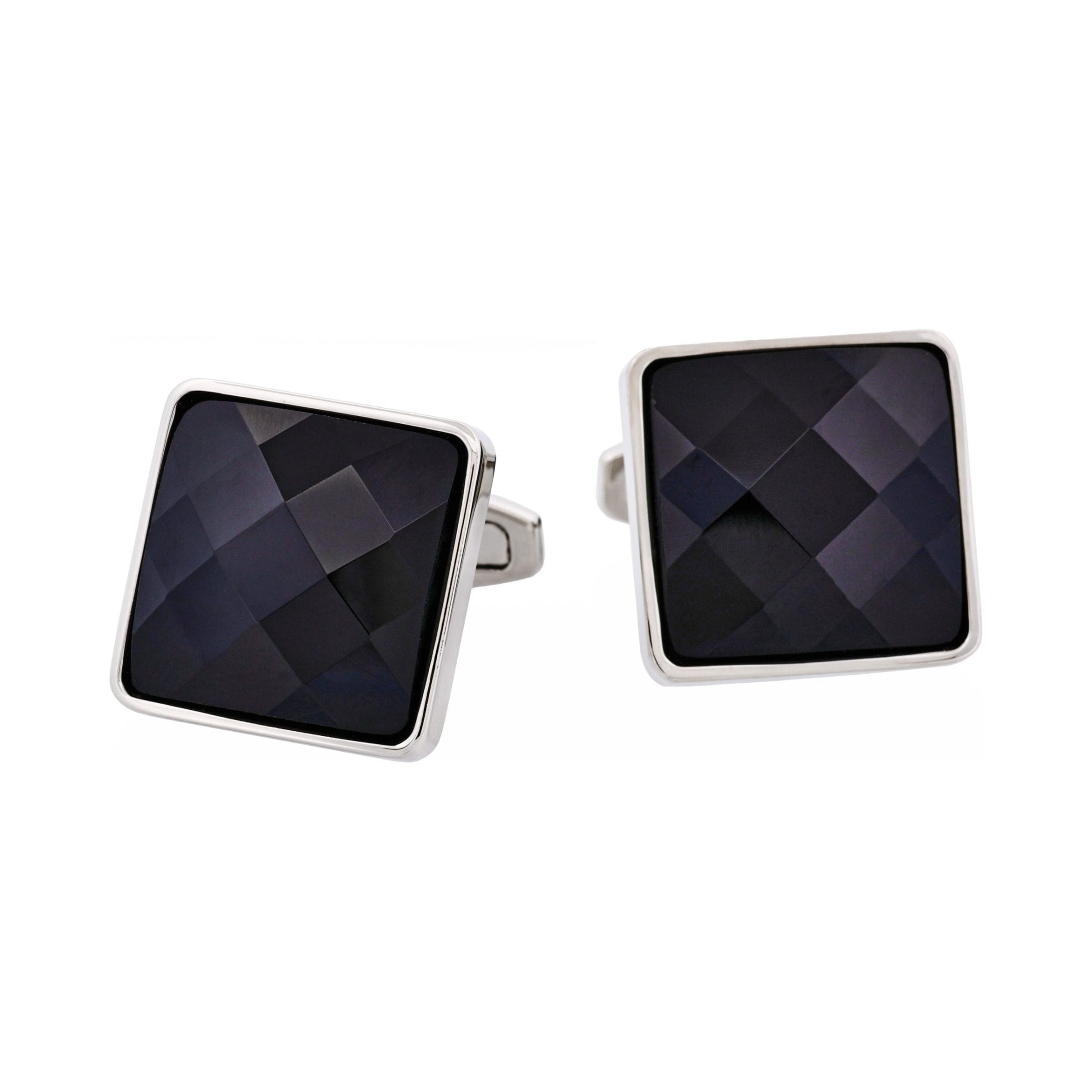 Rhodium Plated & Large Square Jet Cut Crystal Cufflinks