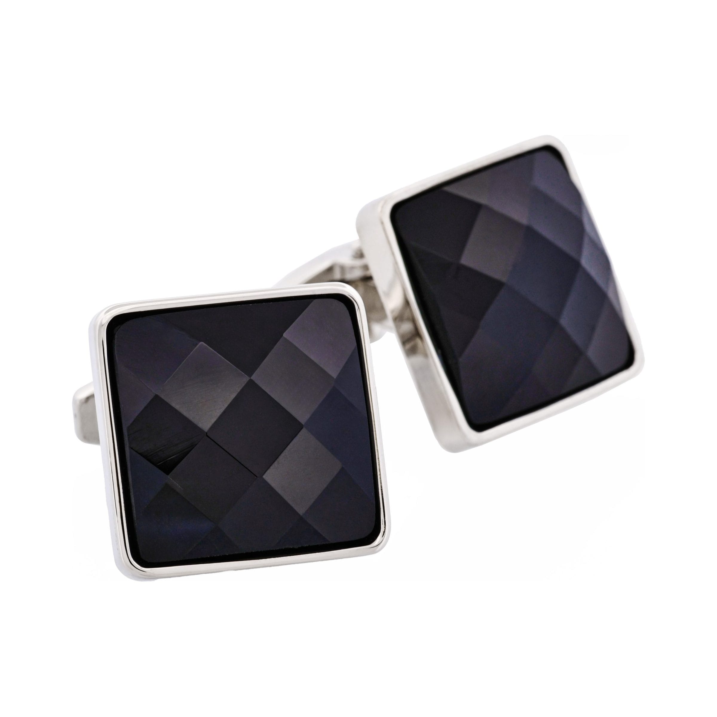 Rhodium Plated & Large Square Jet Cut Crystal Cufflinks
