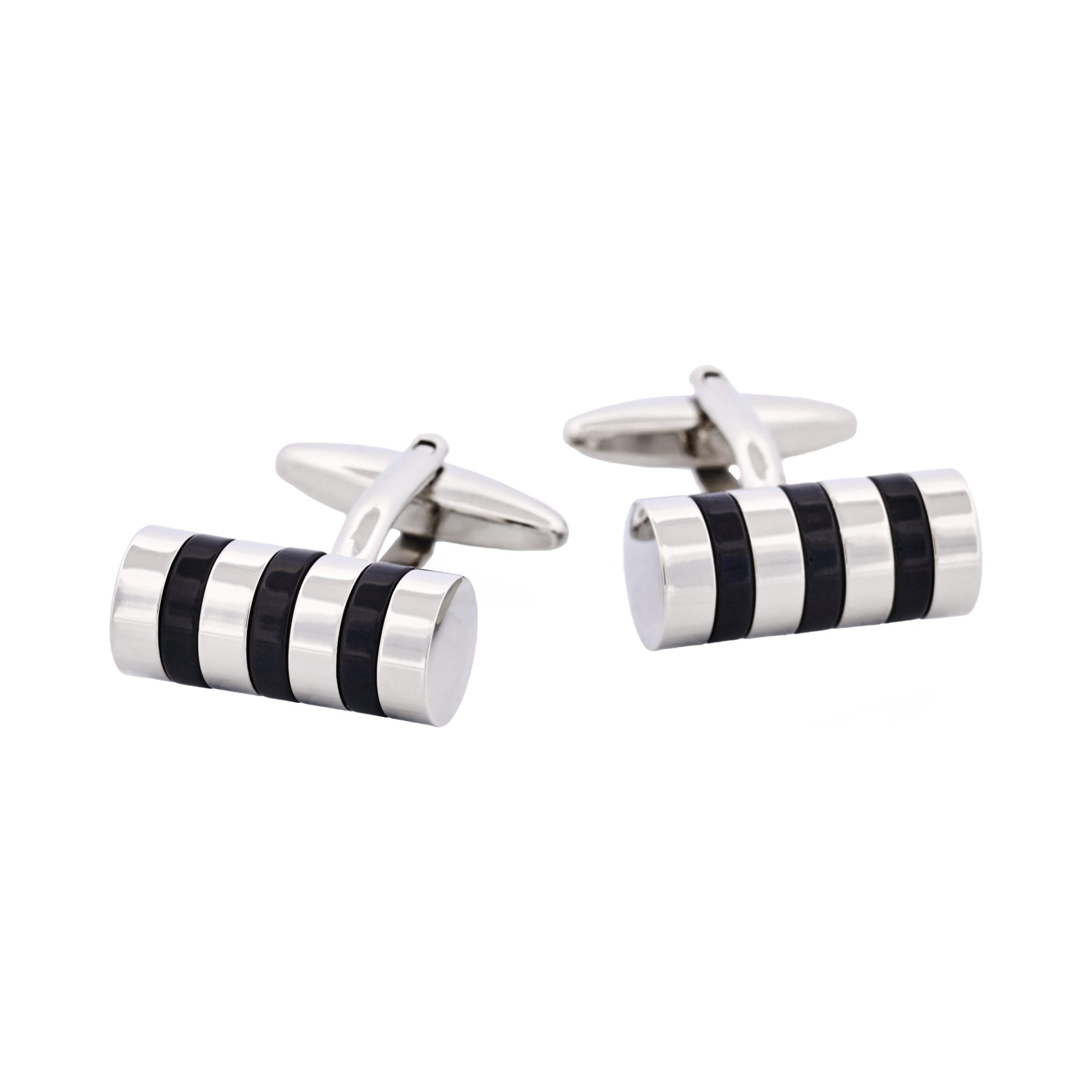 Rhodium Plated & Black Resin Striped Tube Cufflinks