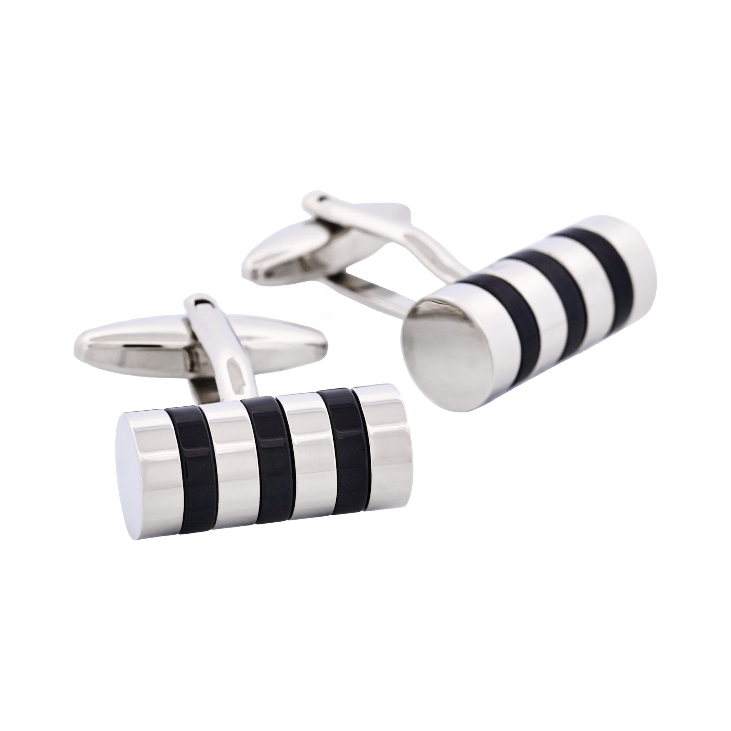 Rhodium Plated & Black Resin Striped Tube Cufflinks